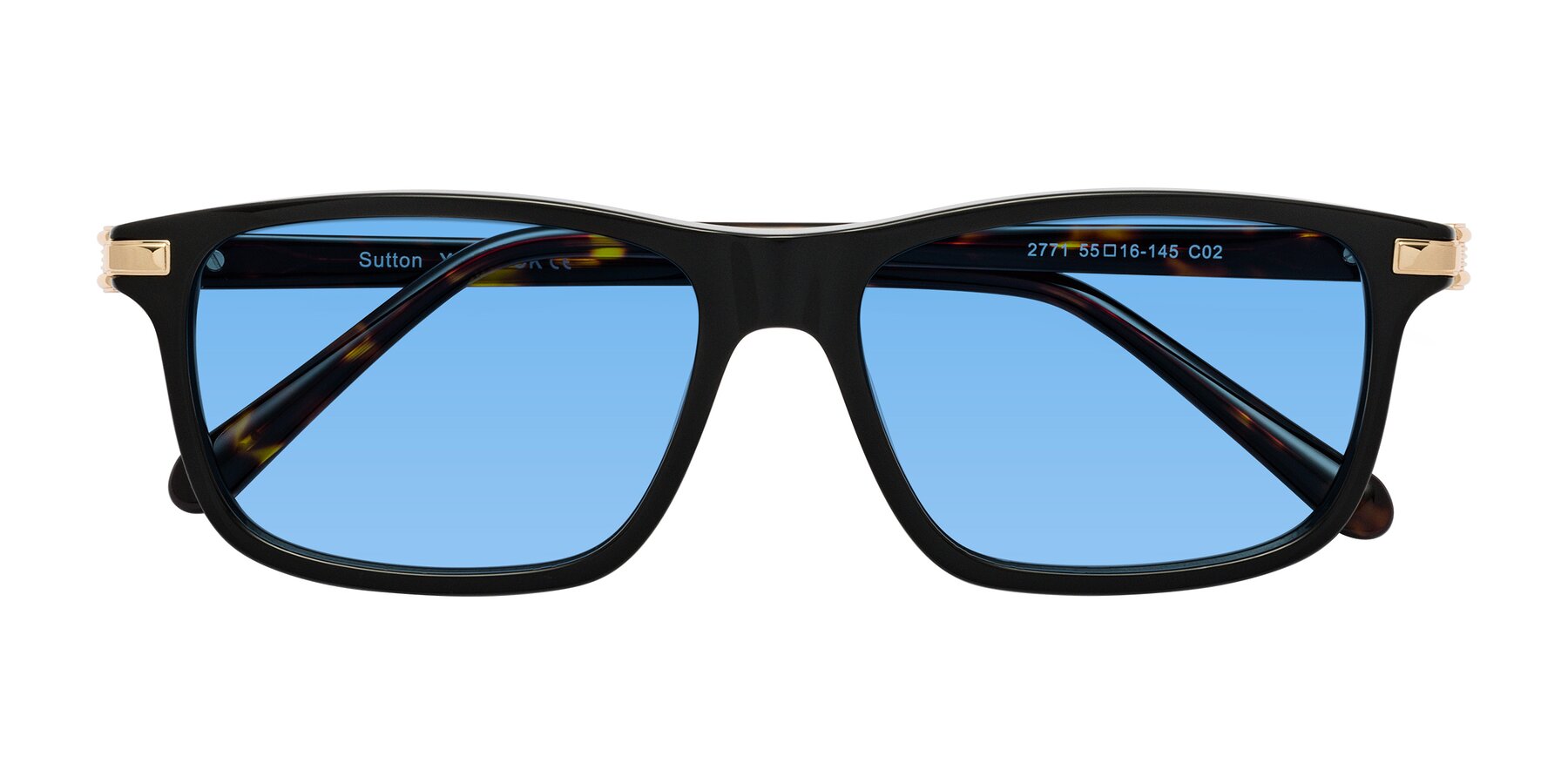 Folded Front of Sutton in Black/Tortoise with Medium Blue Tinted Lenses