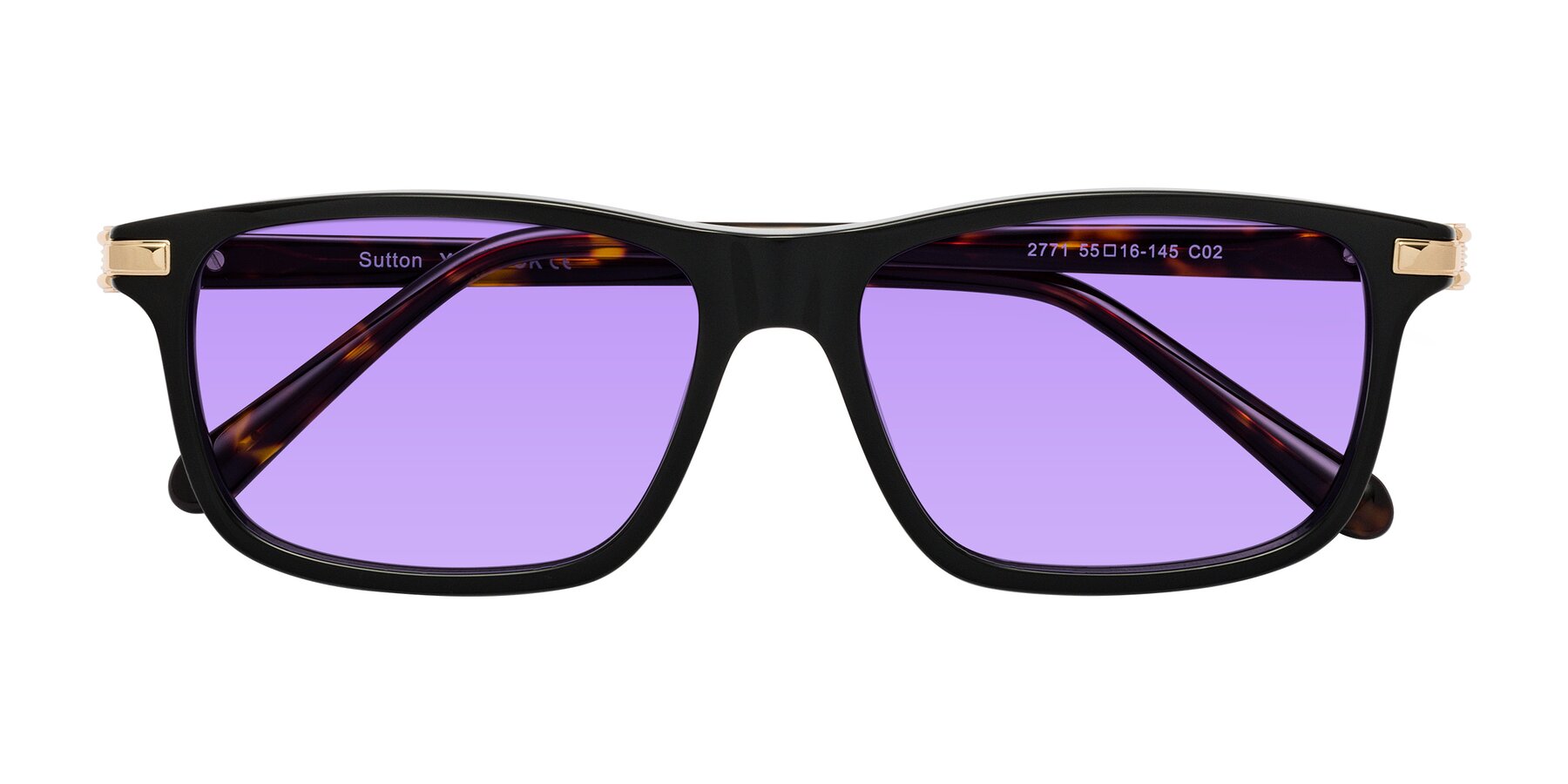 Folded Front of Sutton in Black/Tortoise with Medium Purple Tinted Lenses
