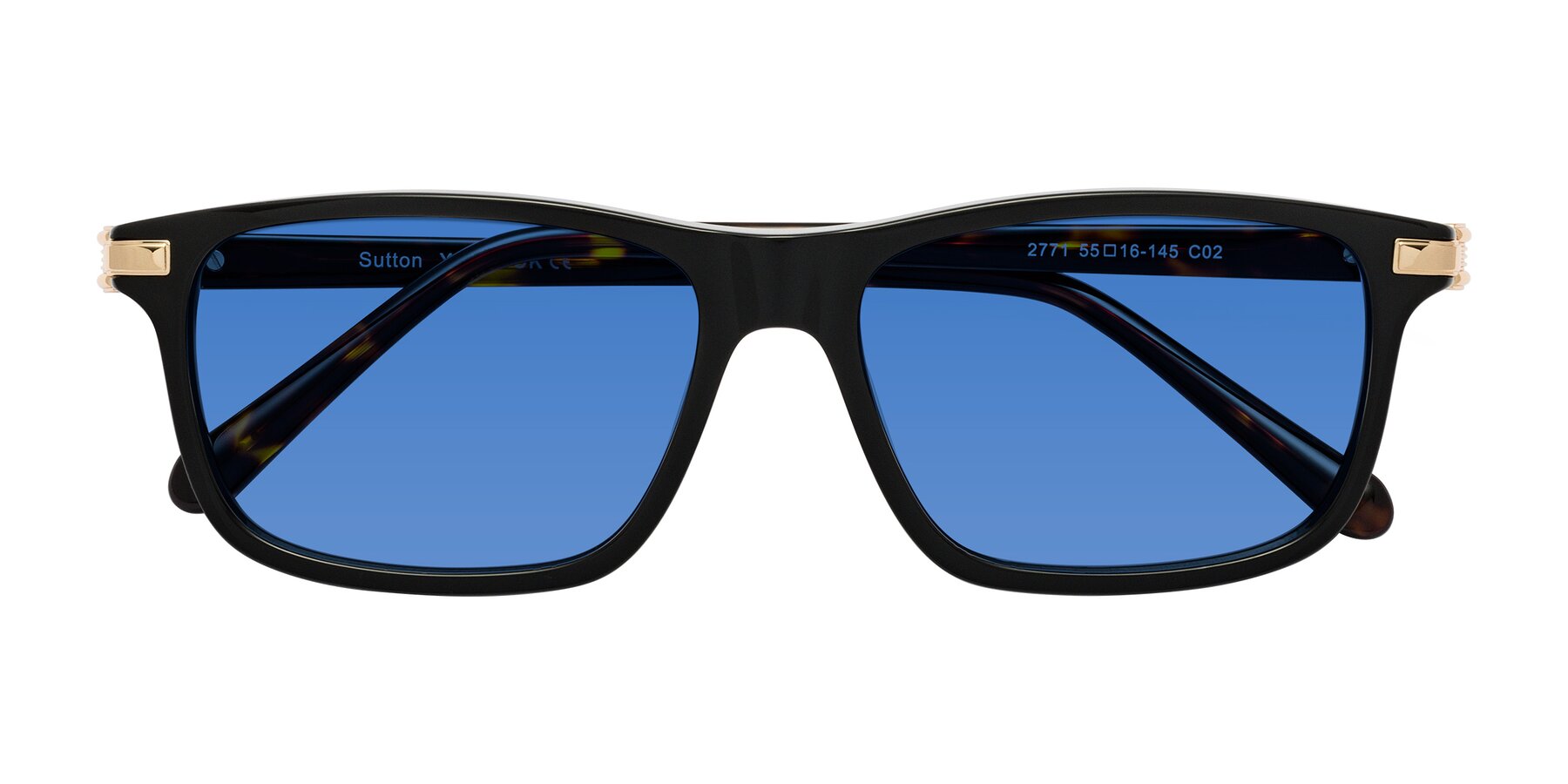 Folded Front of Sutton in Black/Tortoise with Blue Tinted Lenses