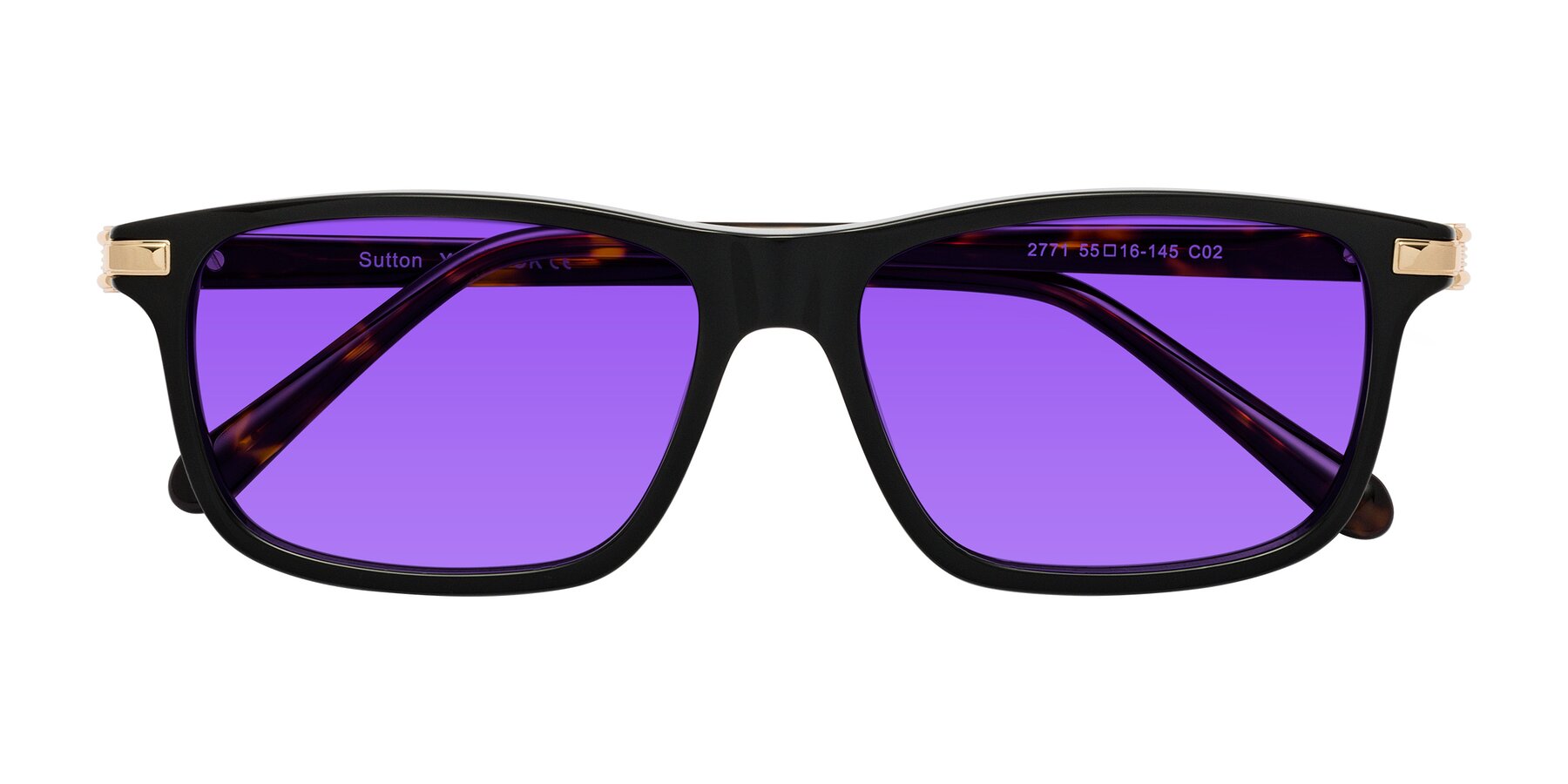 Folded Front of Sutton in Black/Tortoise with Purple Tinted Lenses