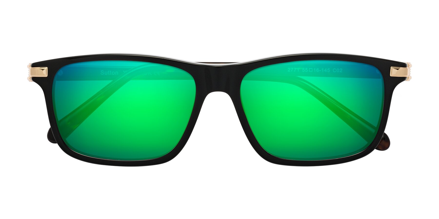 Folded Front of Sutton in Black/Tortoise with Green Mirrored Lenses
