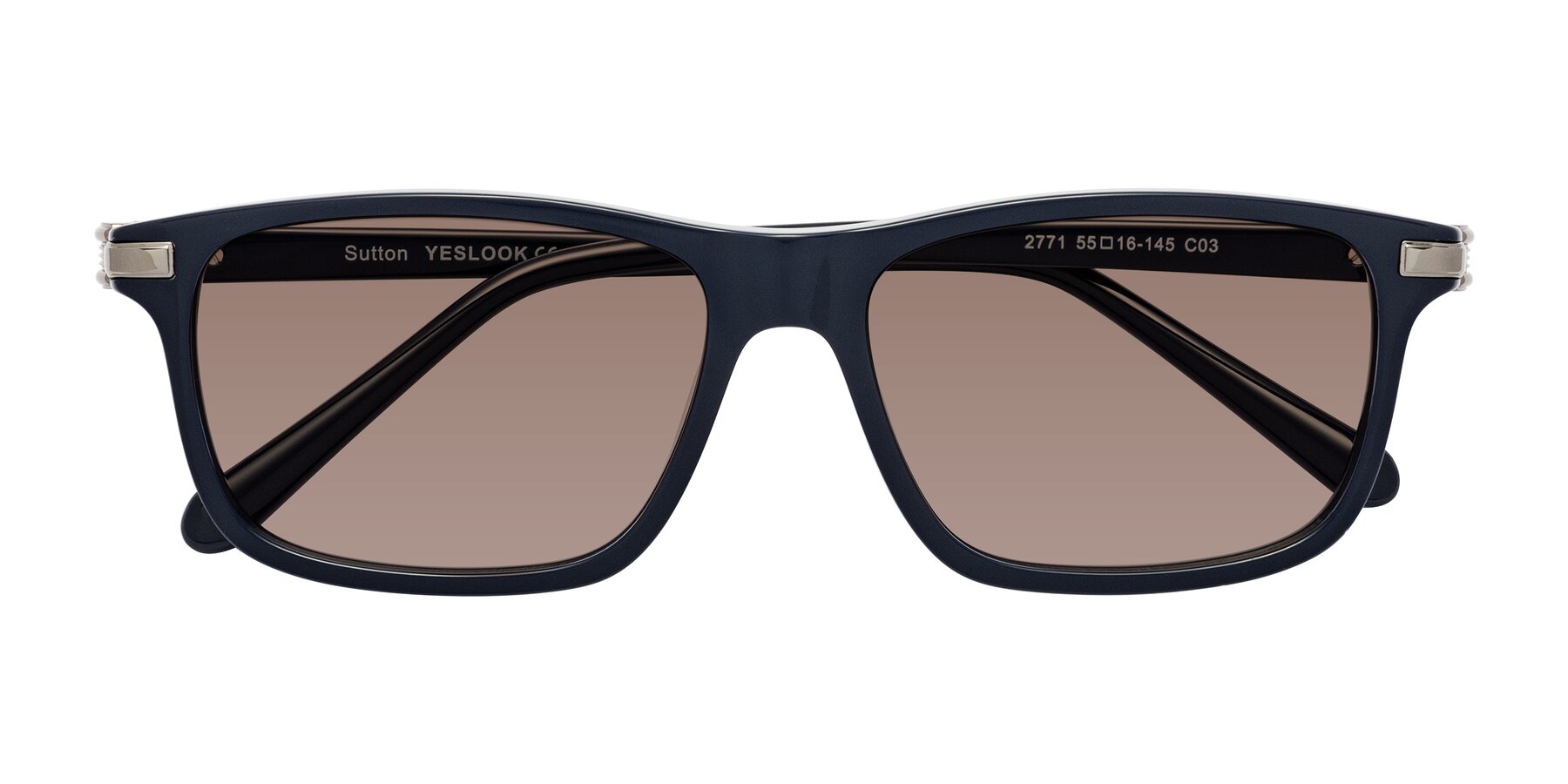 Folded Front of Sutton in Dark Navy with Medium Brown Tinted Lenses