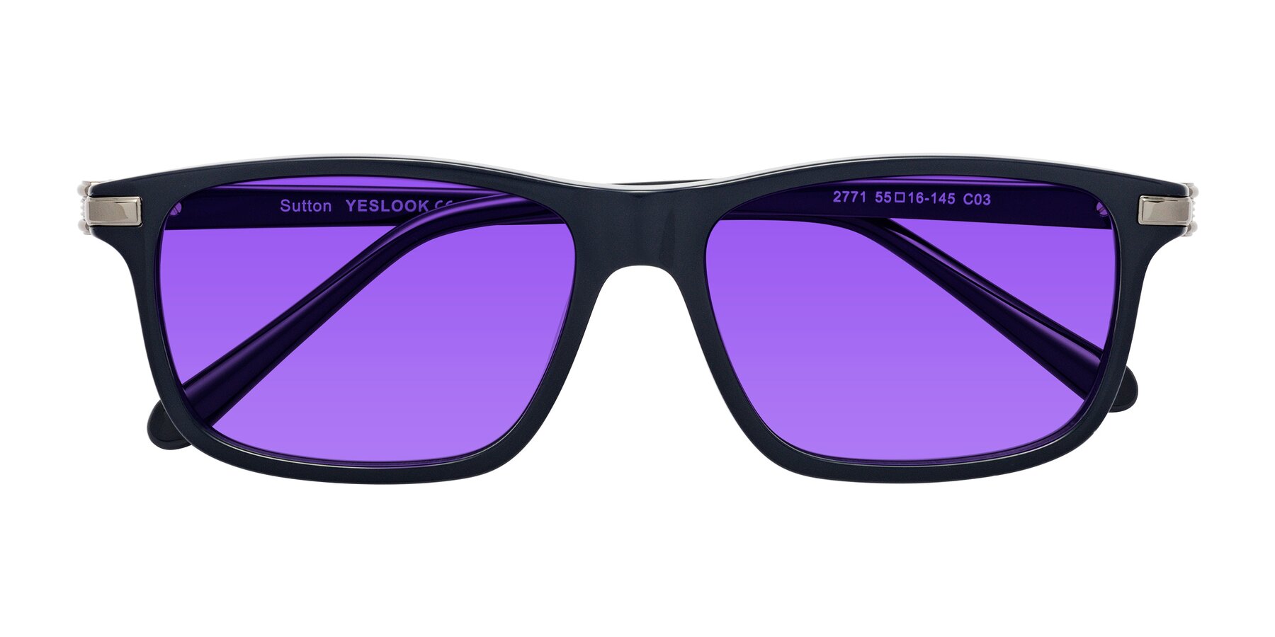 Folded Front of Sutton in Dark Navy with Purple Tinted Lenses