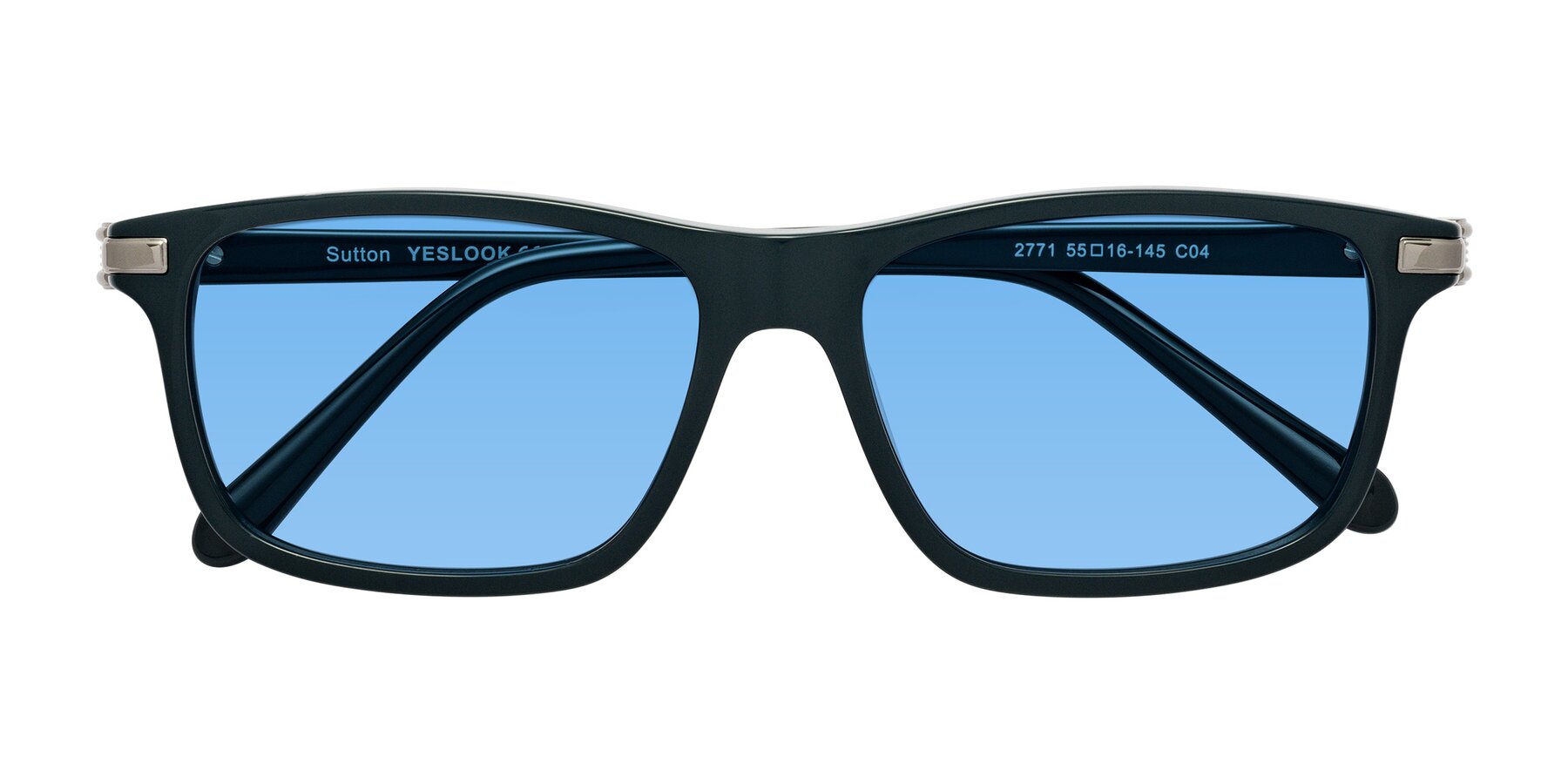 Folded Front of Sutton in Phthalo Green with Medium Blue Tinted Lenses