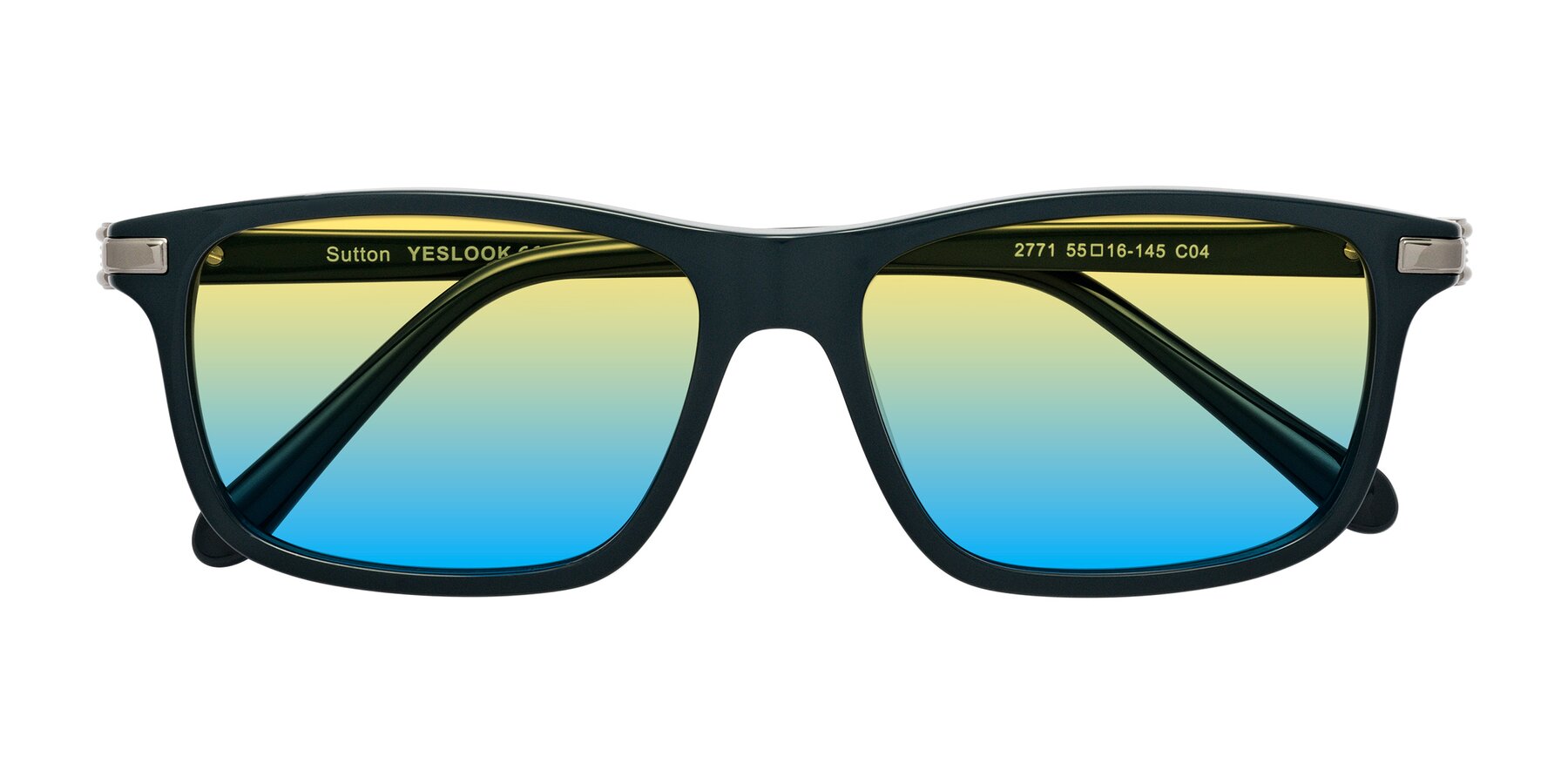 Folded Front of Sutton in Phthalo Green with Yellow / Blue Gradient Lenses