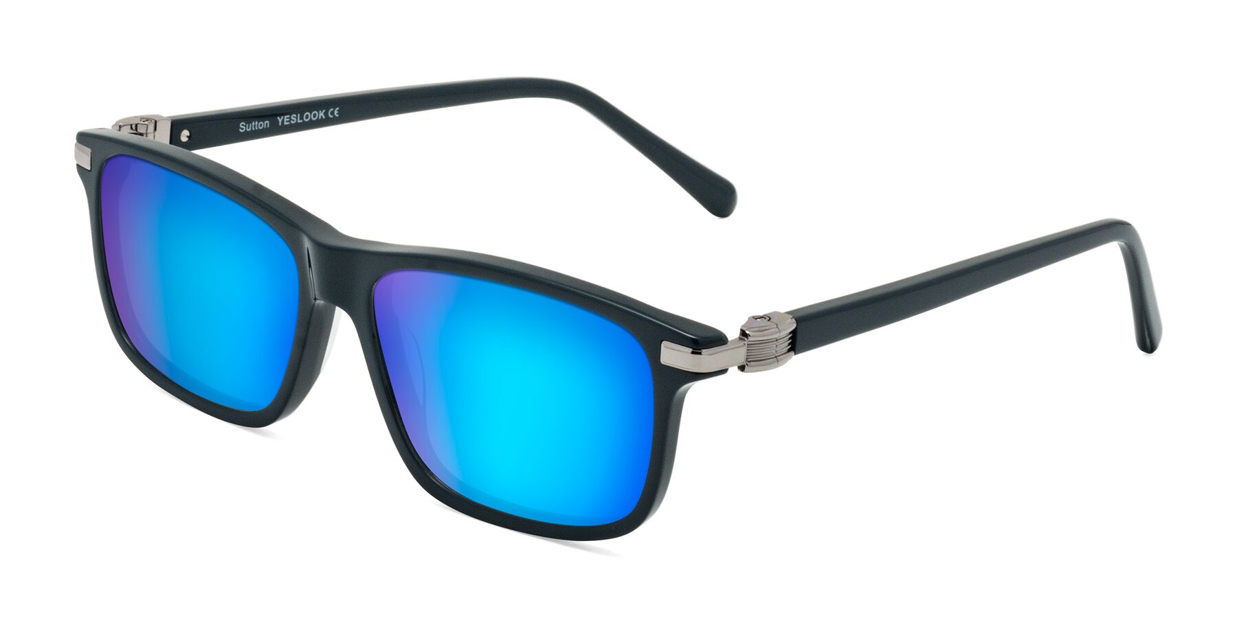 Angle of Sutton in Phthalo Green with Blue Mirrored Lenses