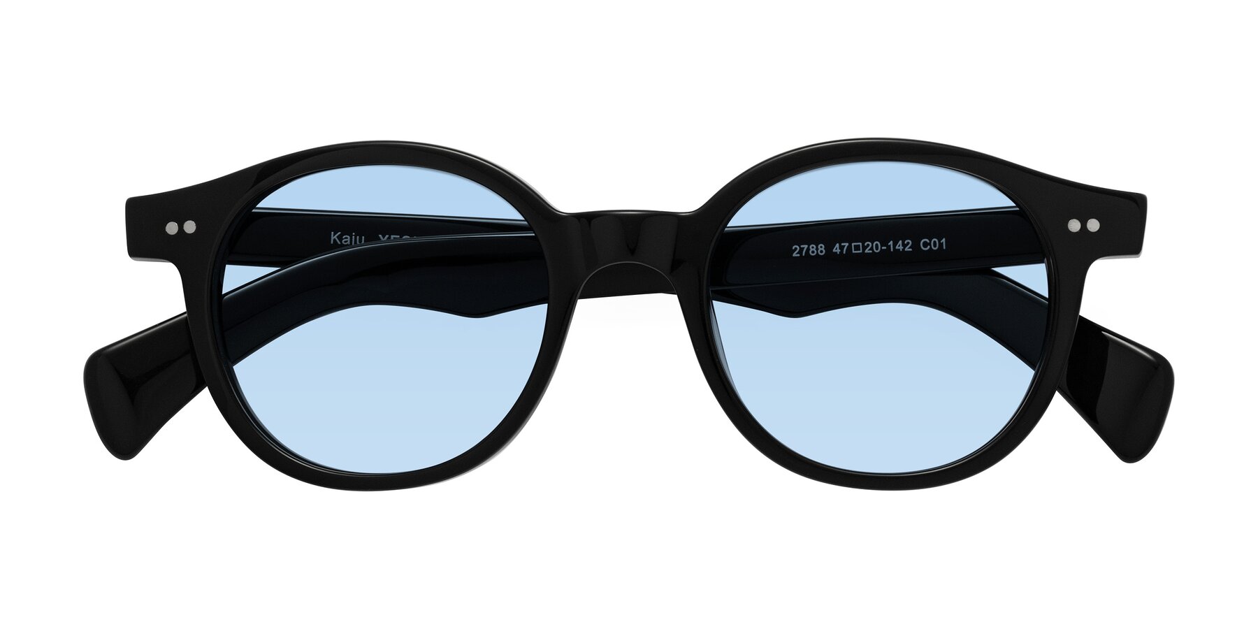 Folded Front of Kaju in Black with Light Blue Tinted Lenses