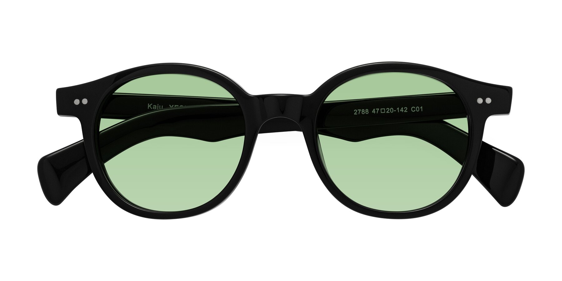 Folded Front of Kaju in Black with Medium Green Tinted Lenses