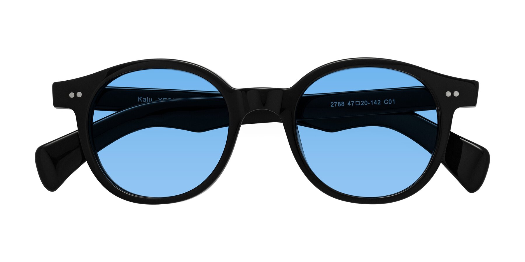 Folded Front of Kaju in Black with Medium Blue Tinted Lenses