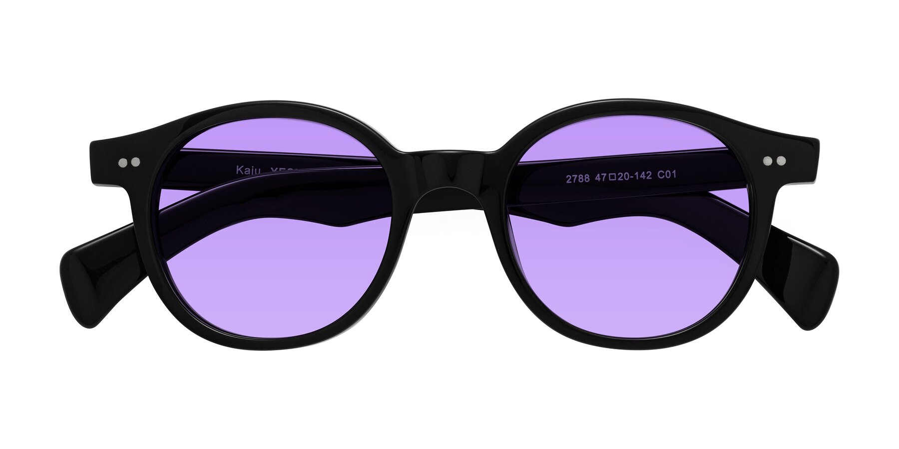 Folded Front of Kaju in Black with Medium Purple Tinted Lenses