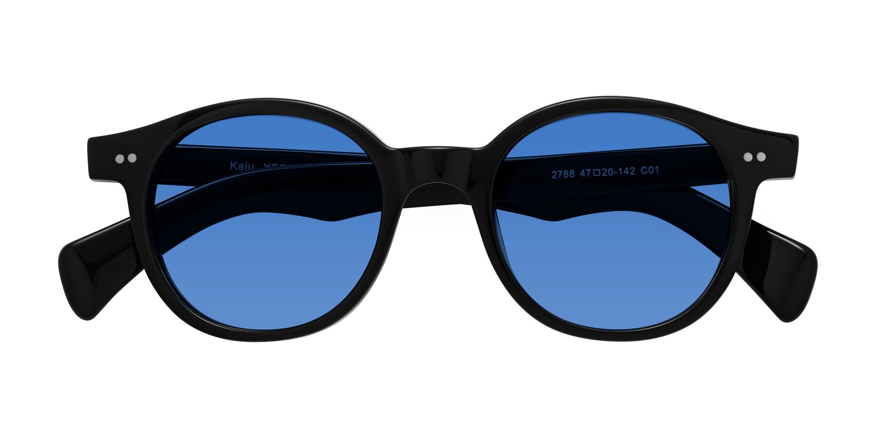 Folded Front of Kaju in Black with Blue Tinted Lenses