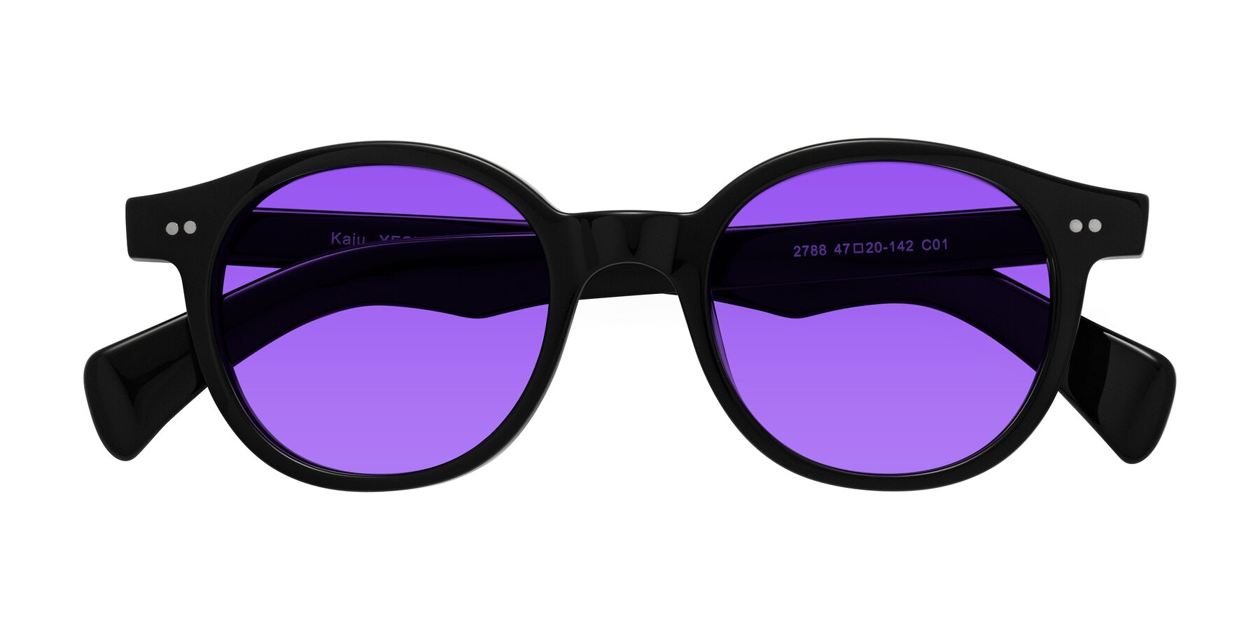 Folded Front of Kaju in Black with Purple Tinted Lenses