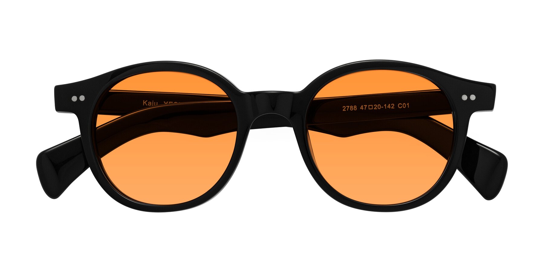 Folded Front of Kaju in Black with Orange Tinted Lenses
