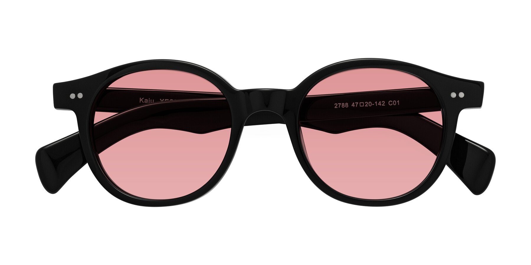 Folded Front of Kaju in Black with Medium Garnet Tinted Lenses