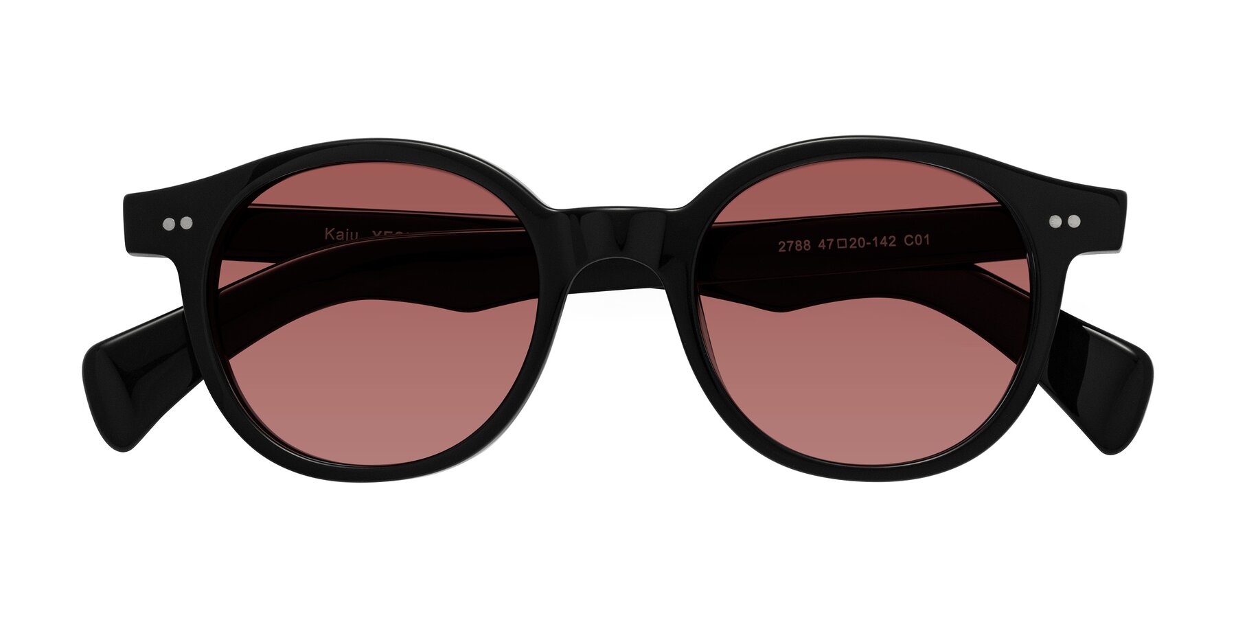 Folded Front of Kaju in Black with Garnet Tinted Lenses
