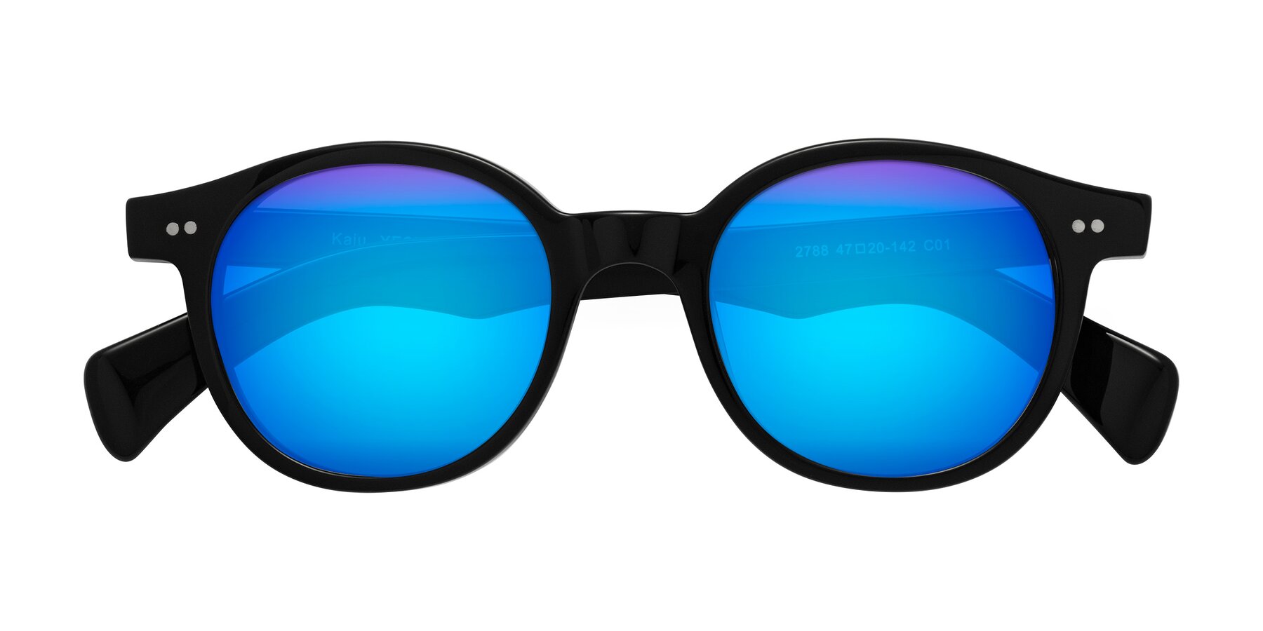 Folded Front of Kaju in Black with Blue Mirrored Lenses