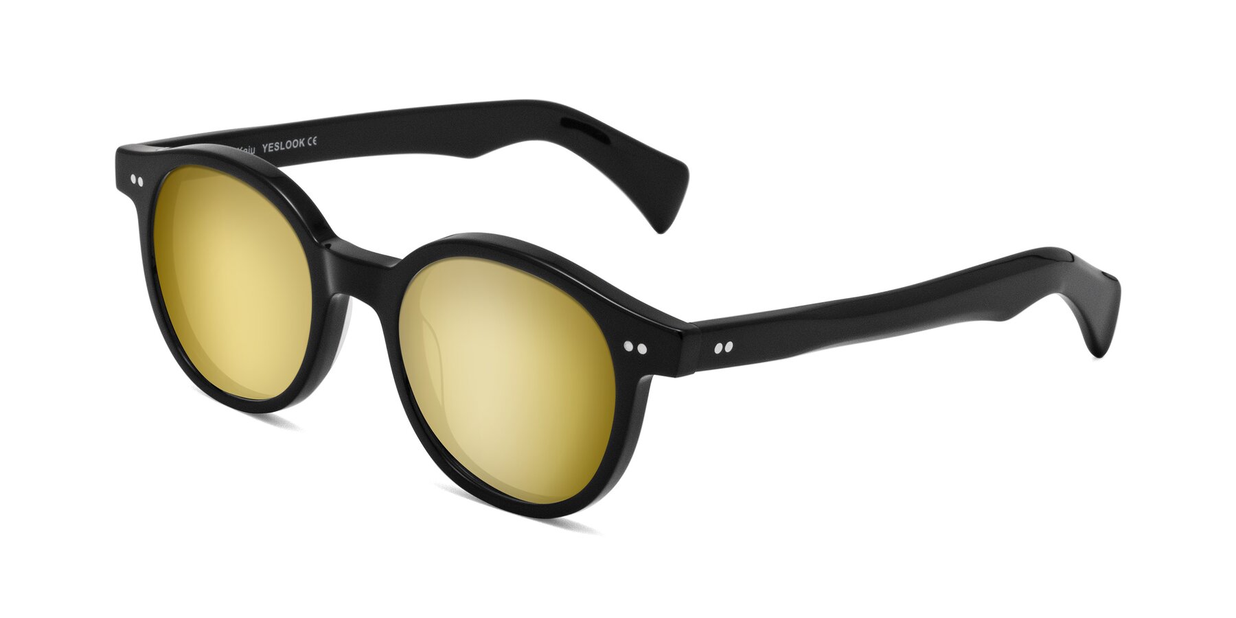 Angle of Kaju in Black with Gold Mirrored Lenses