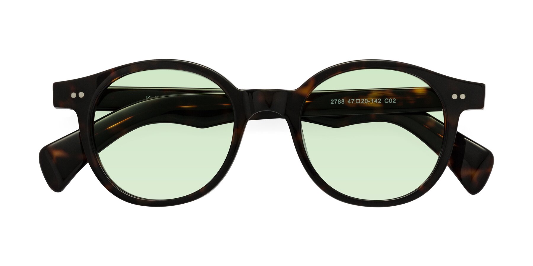 Folded Front of Kaju in Dark Tortoise with Light Green Tinted Lenses