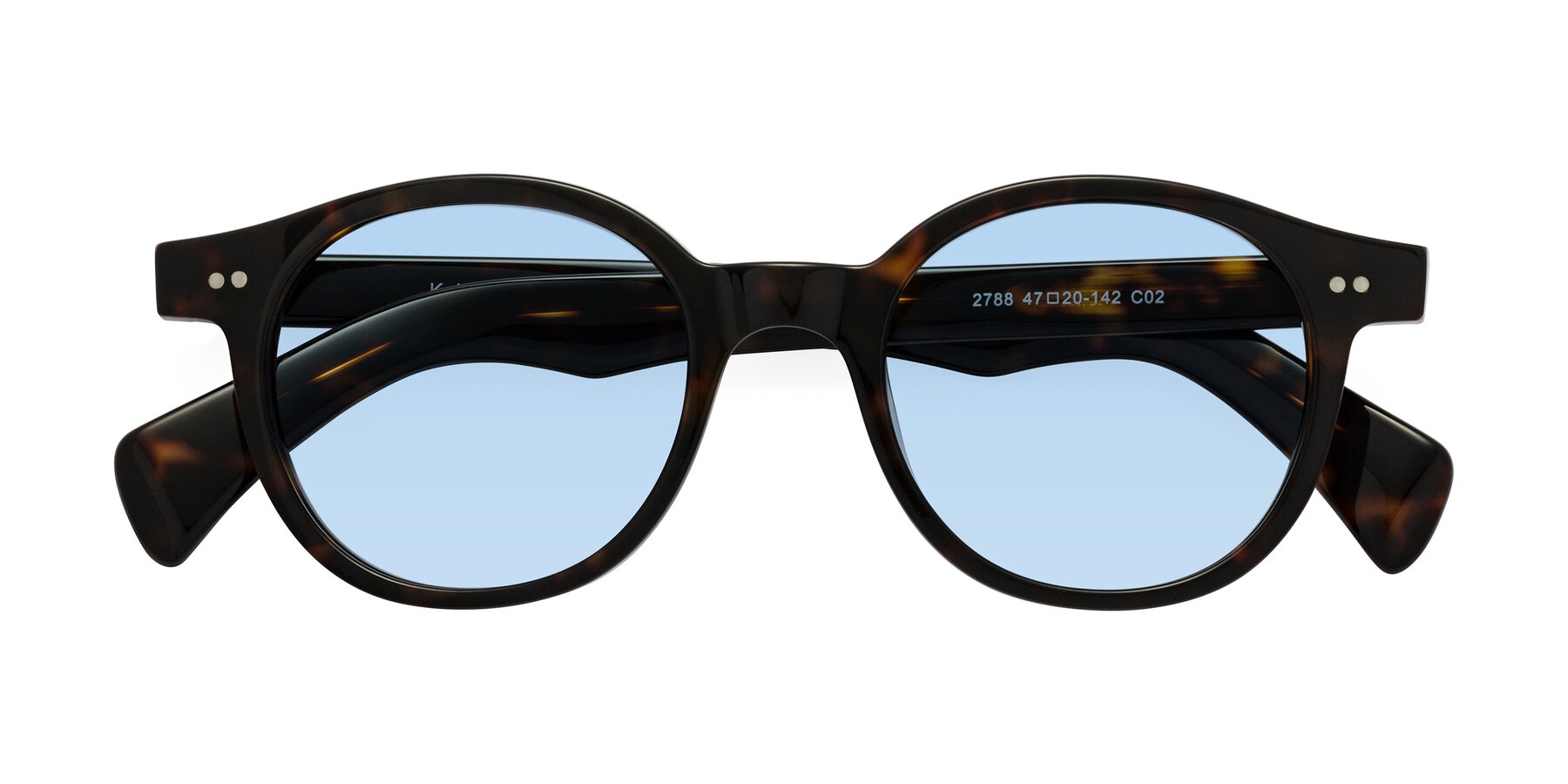 Folded Front of Kaju in Dark Tortoise with Light Blue Tinted Lenses