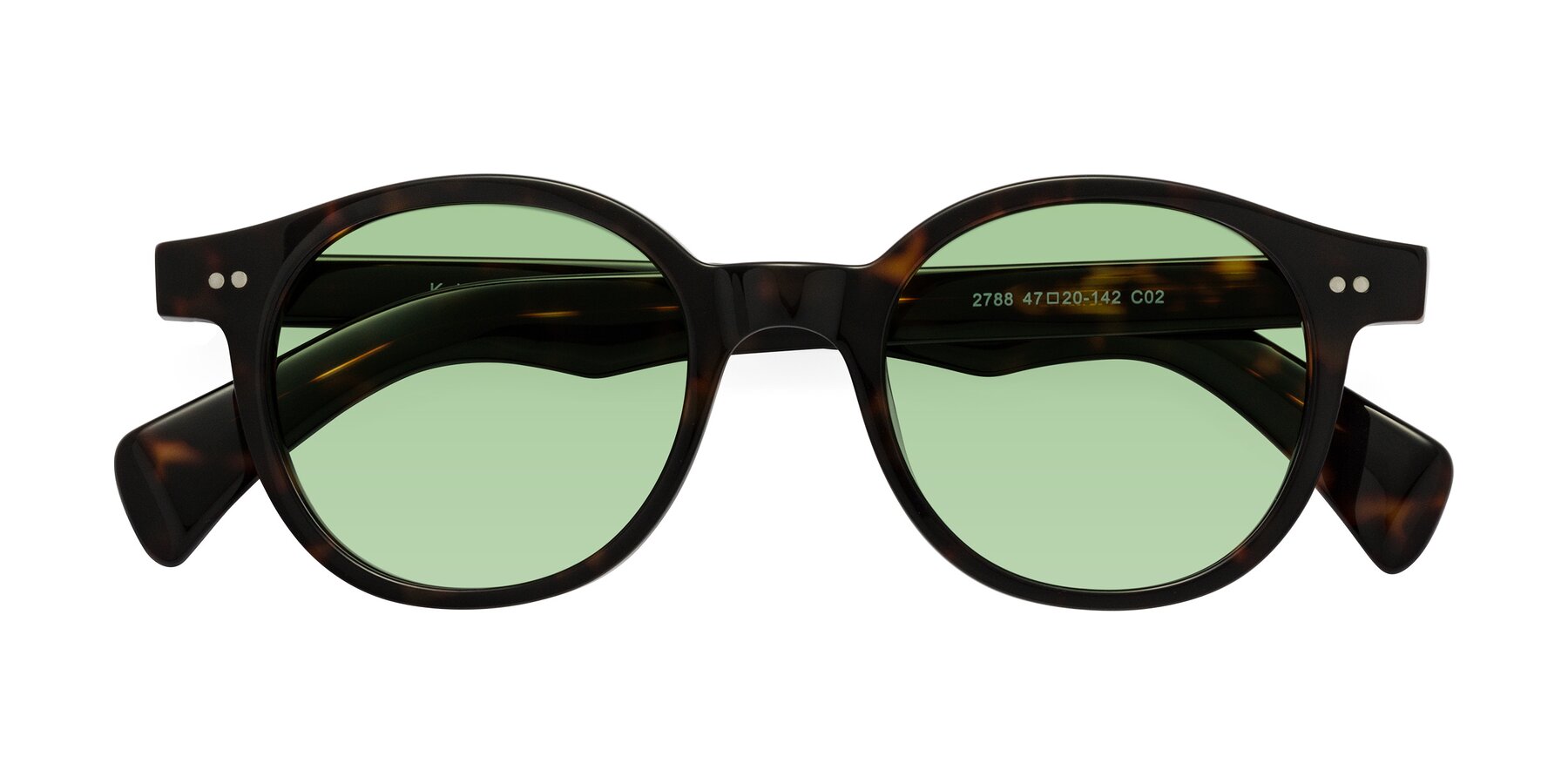 Folded Front of Kaju in Dark Tortoise with Medium Green Tinted Lenses
