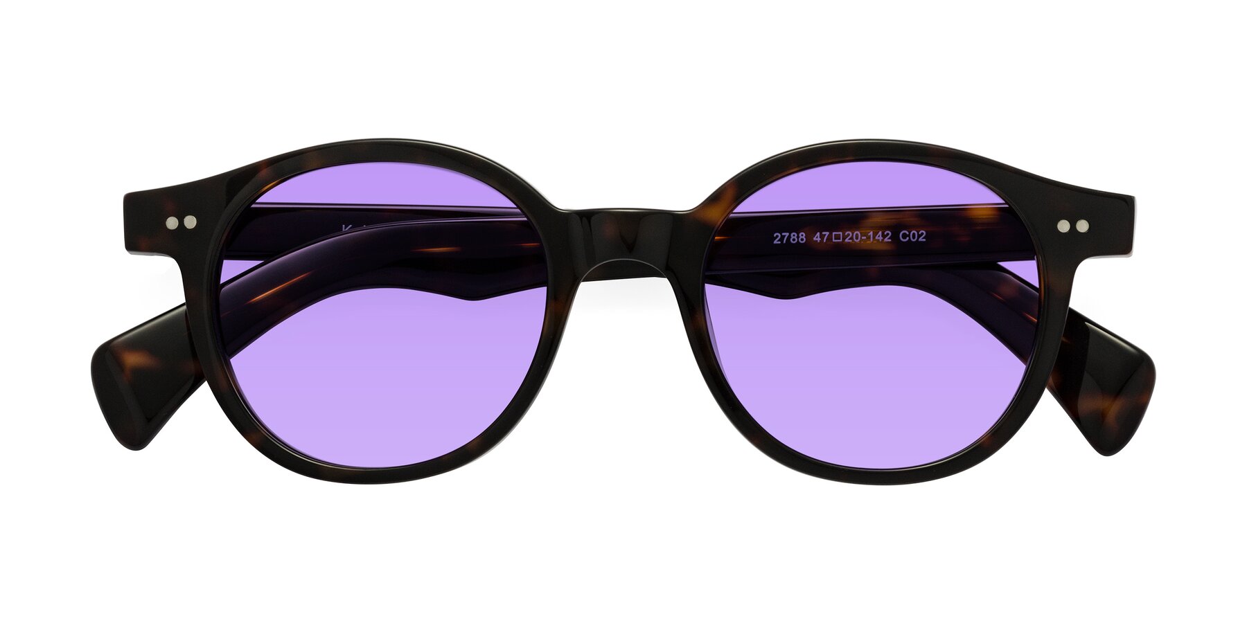 Folded Front of Kaju in Dark Tortoise with Medium Purple Tinted Lenses