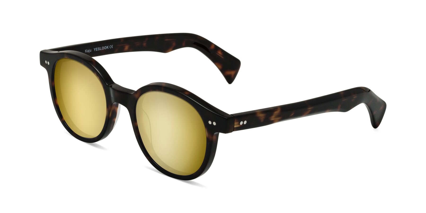 Angle of Kaju in Dark Tortoise with Gold Mirrored Lenses