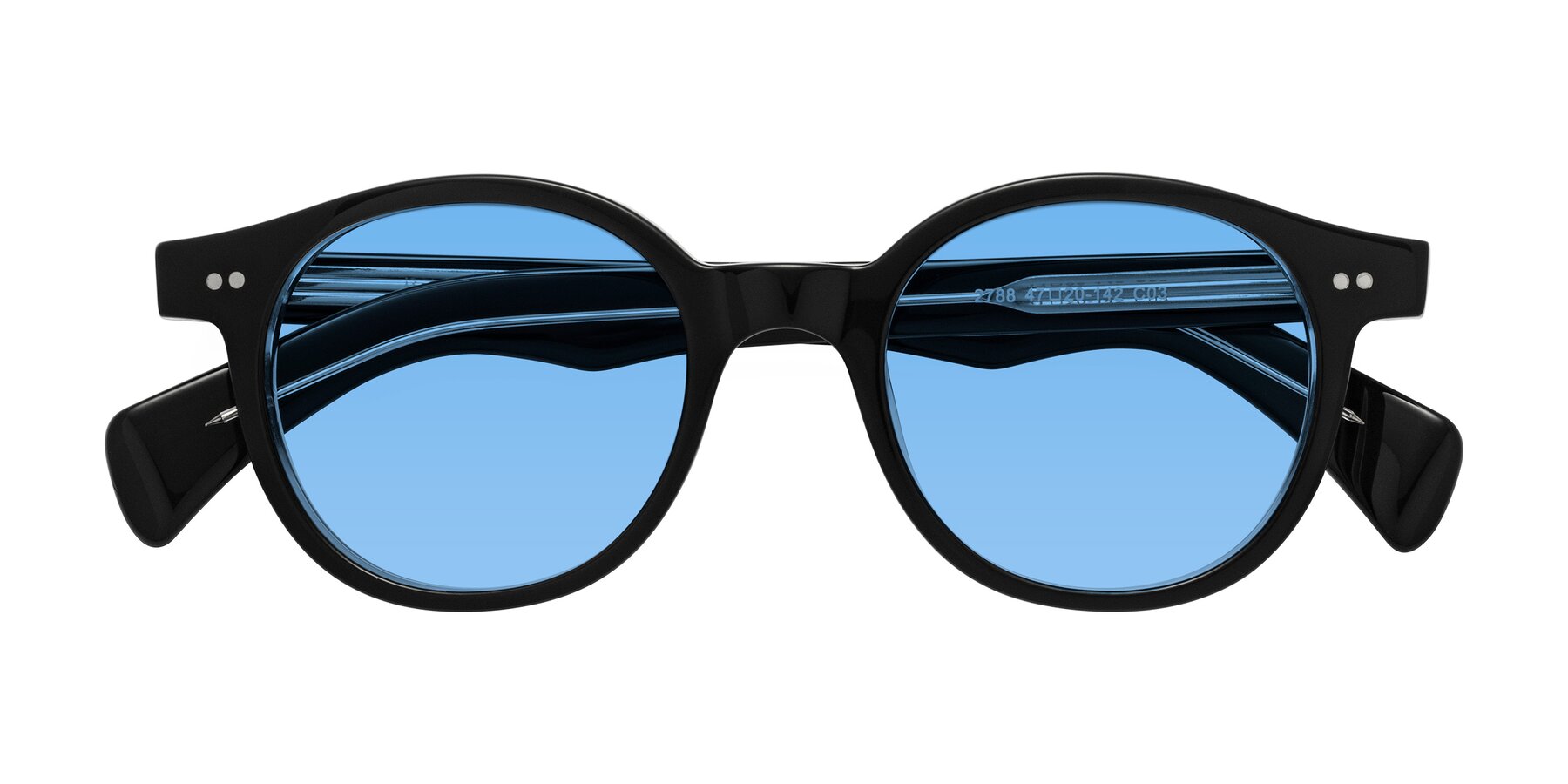 Folded Front of Kaju in Black/Clear with Medium Blue Tinted Lenses
