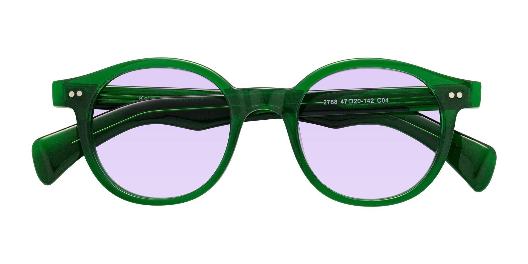 Folded Front of Kaju in Green with Light Purple Tinted Lenses