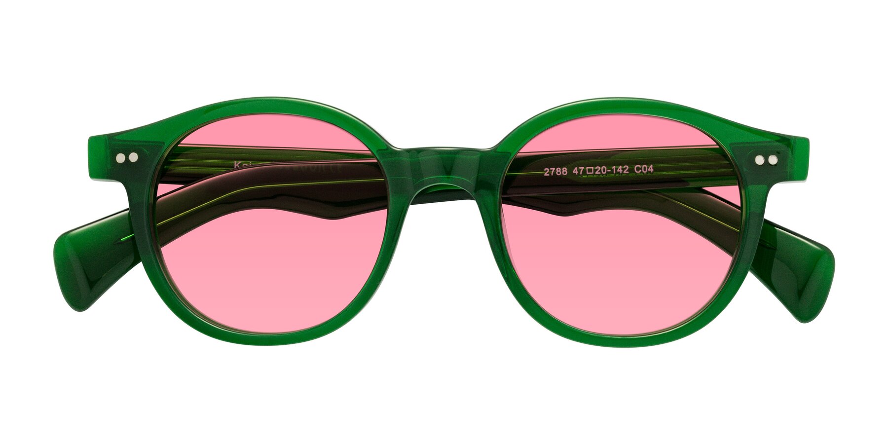 Folded Front of Kaju in Green with Pink Tinted Lenses
