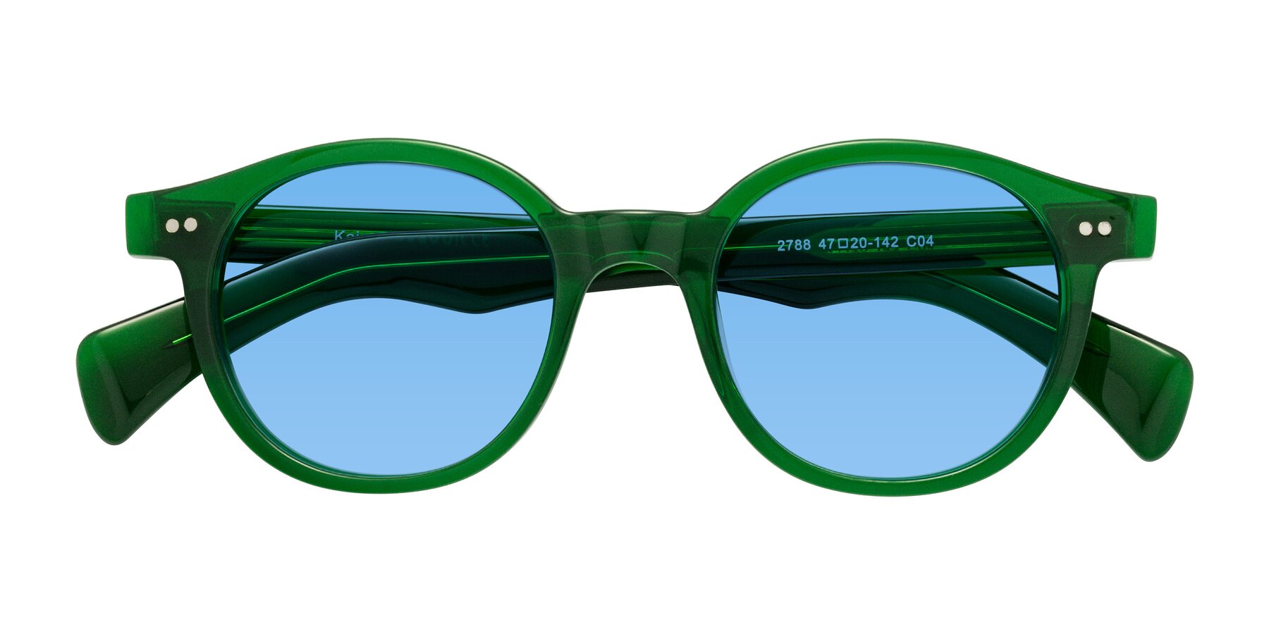 Folded Front of Kaju in Green with Medium Blue Tinted Lenses