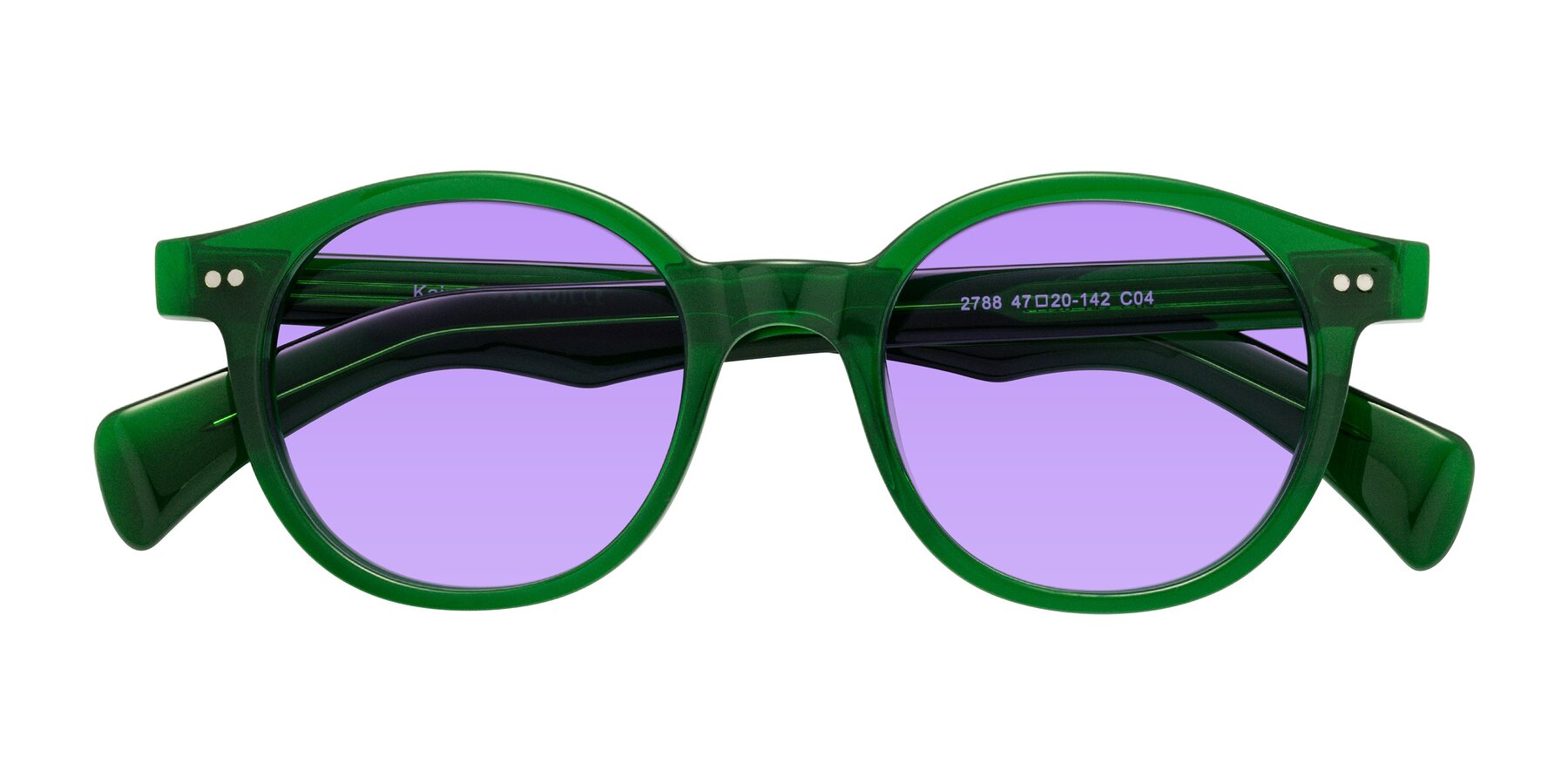 Folded Front of Kaju in Green with Medium Purple Tinted Lenses