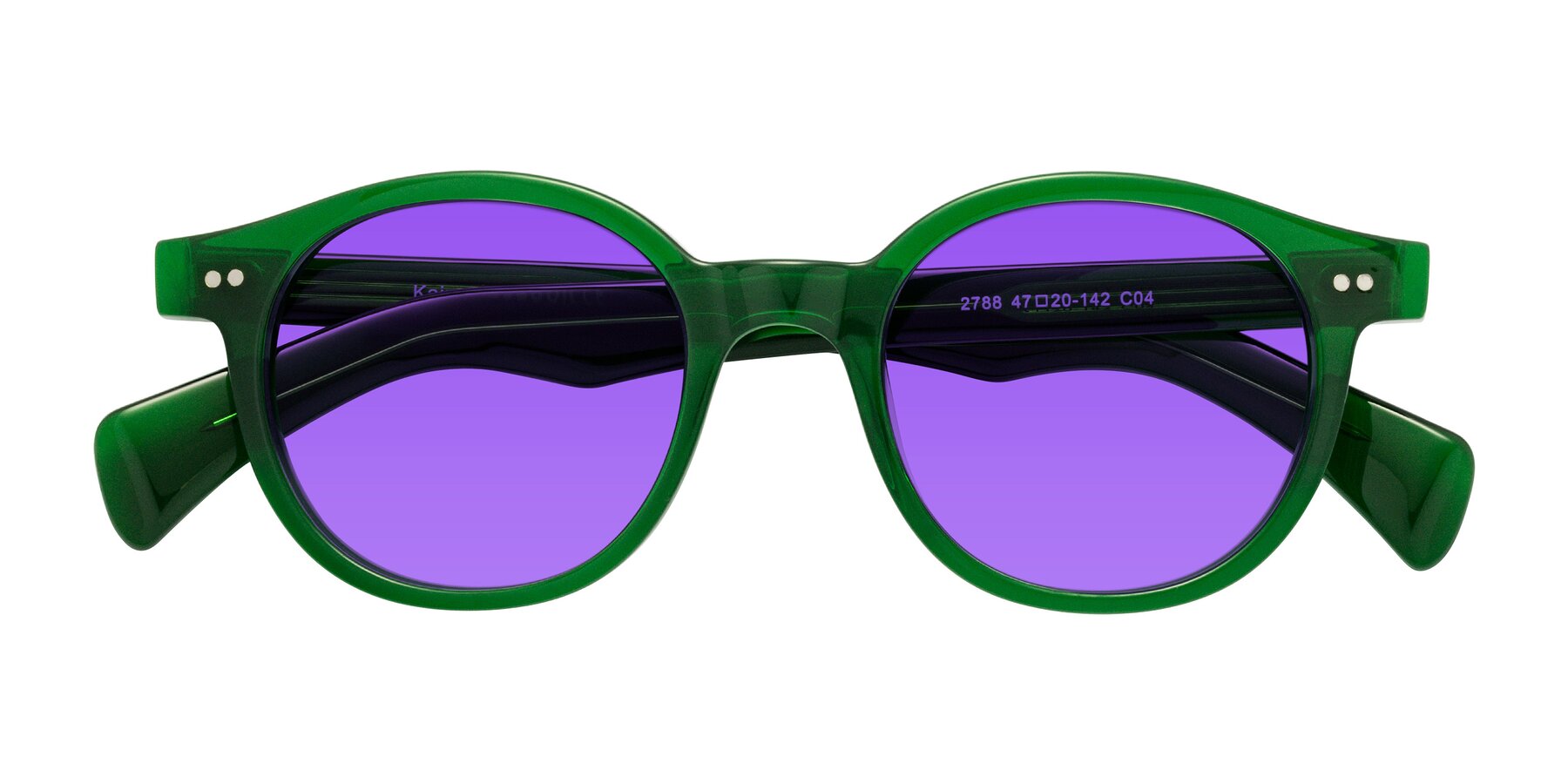 Folded Front of Kaju in Green with Purple Tinted Lenses