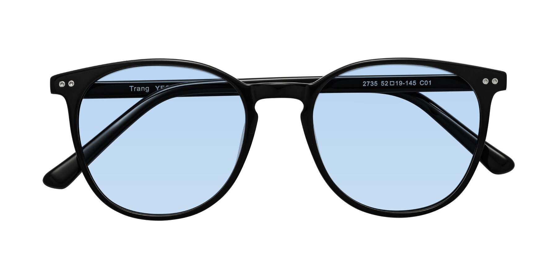 Folded Front of Trang in Black with Light Blue Tinted Lenses