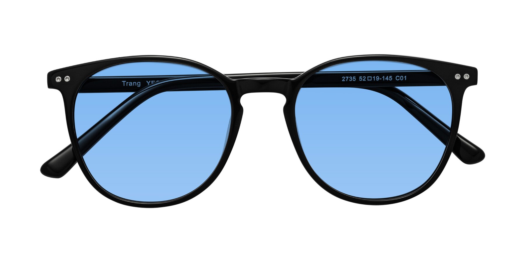 Folded Front of Trang in Black with Medium Blue Tinted Lenses