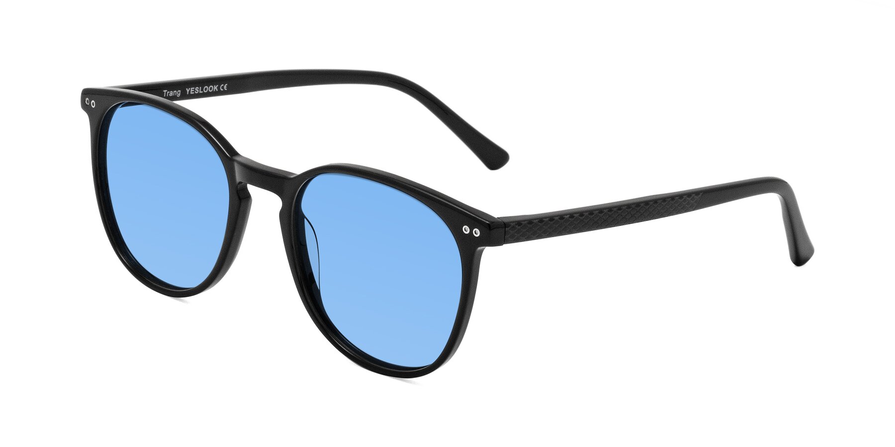 Angle of Trang in Black with Medium Blue Tinted Lenses