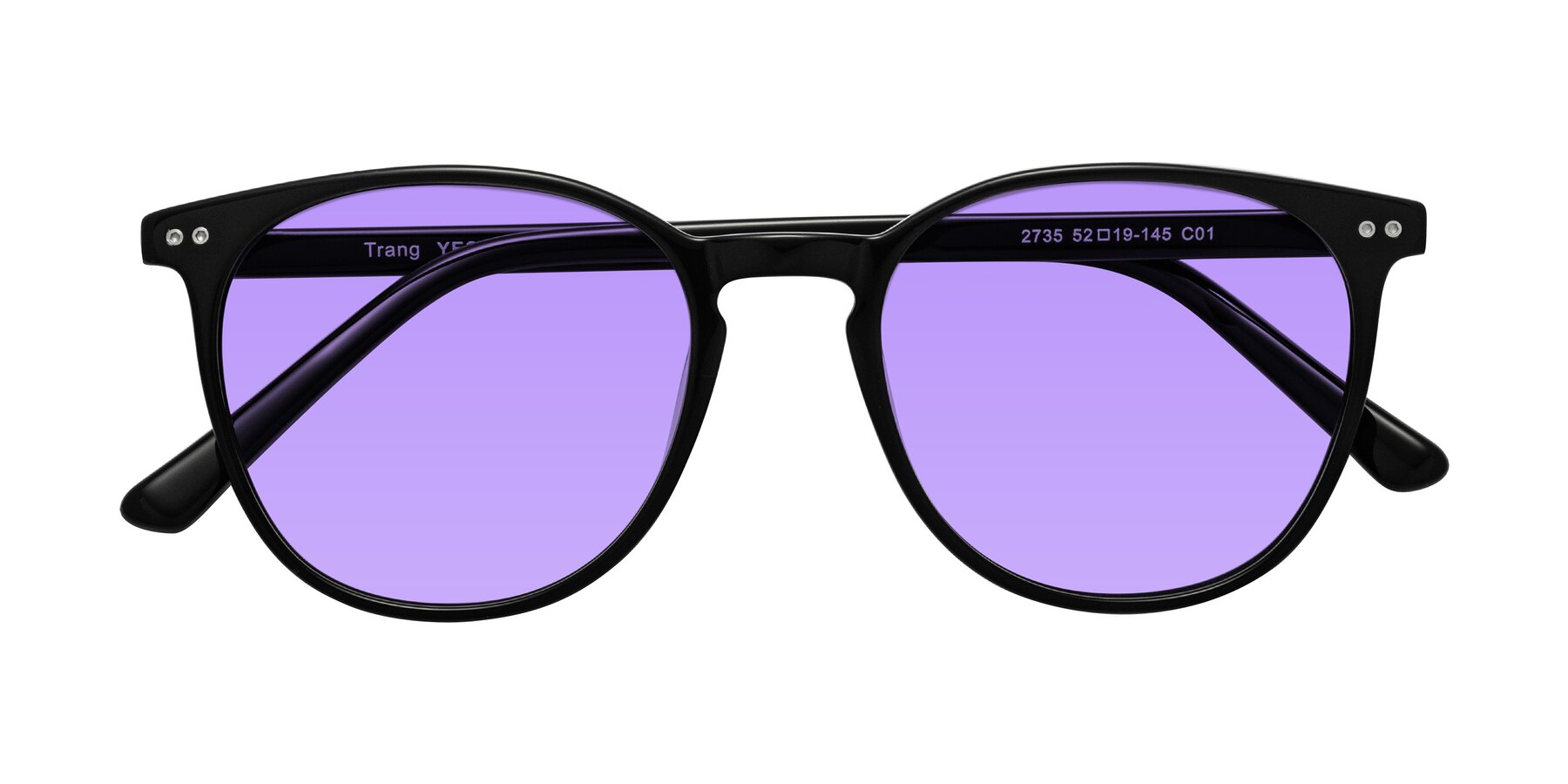 Folded Front of Trang in Black with Medium Purple Tinted Lenses