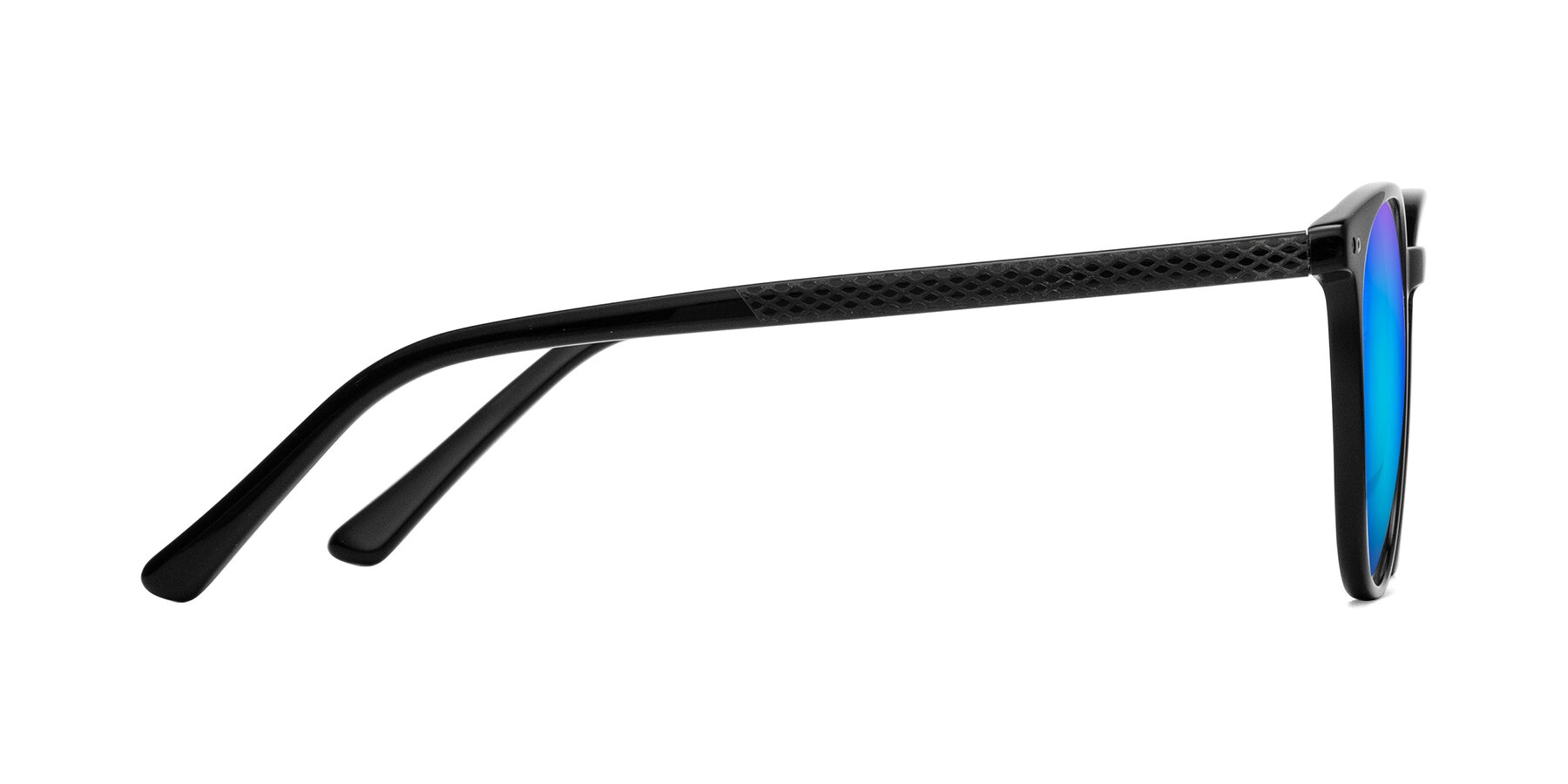 Side of Trang in Black with Blue Mirrored Lenses