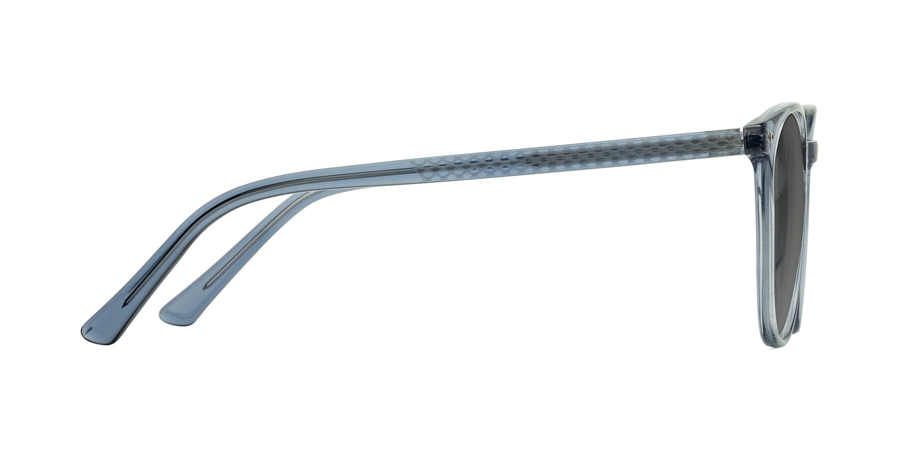 Side of Trang in Transparent Blue with Medium Gray Tinted Lenses