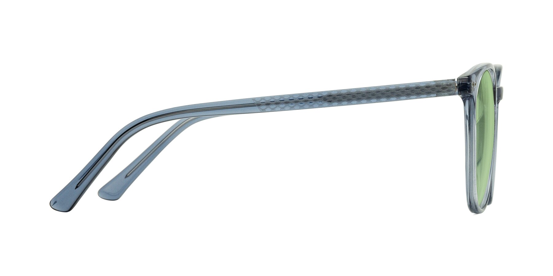 Side of Trang in Transparent Blue with Medium Green Tinted Lenses