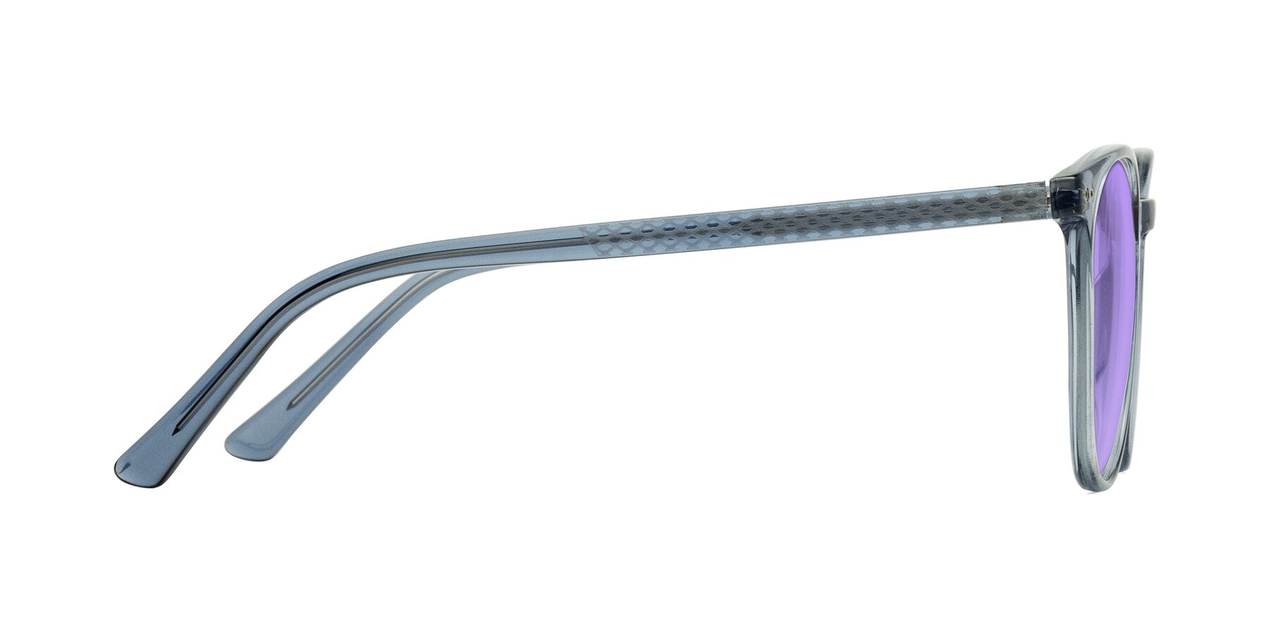 Side of Trang in Transparent Blue with Medium Purple Tinted Lenses
