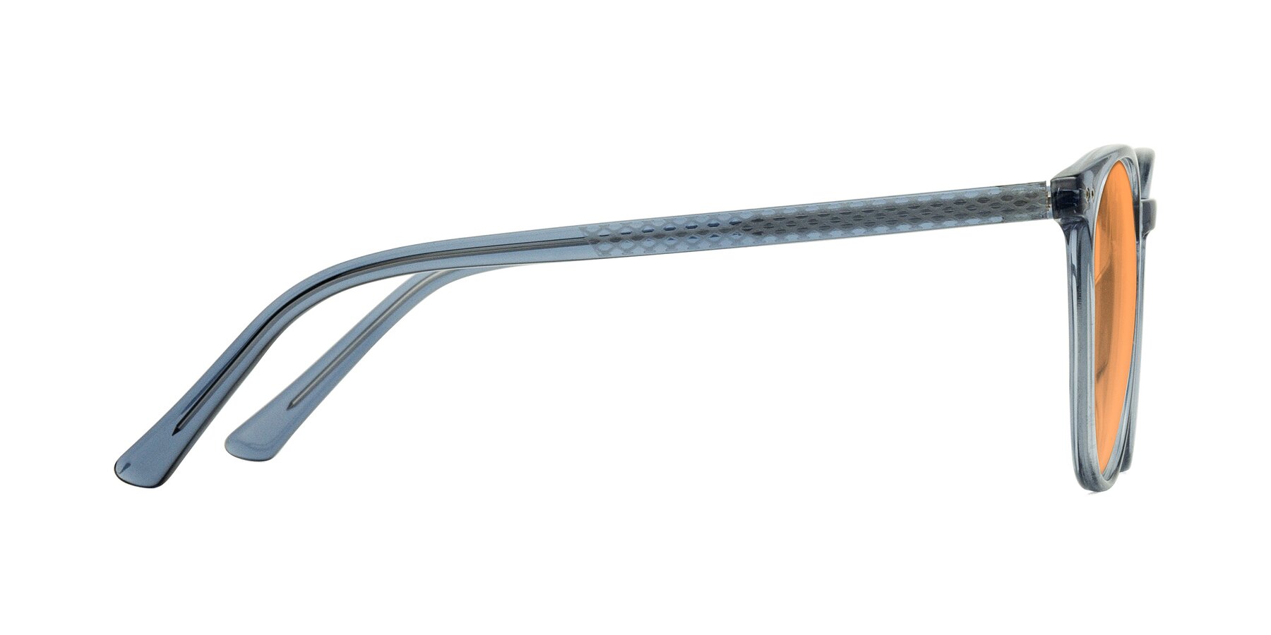 Side of Trang in Transparent Blue with Medium Orange Tinted Lenses