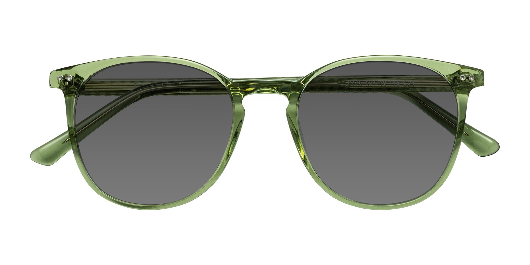 Folded Front of Trang in Transparent Green with Medium Gray Tinted Lenses