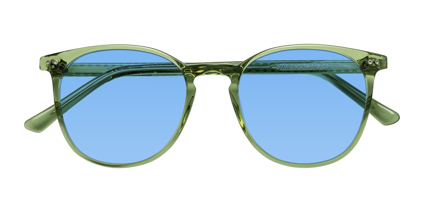 Folded Front of Trang in Transparent Green with Medium Blue Tinted Lenses