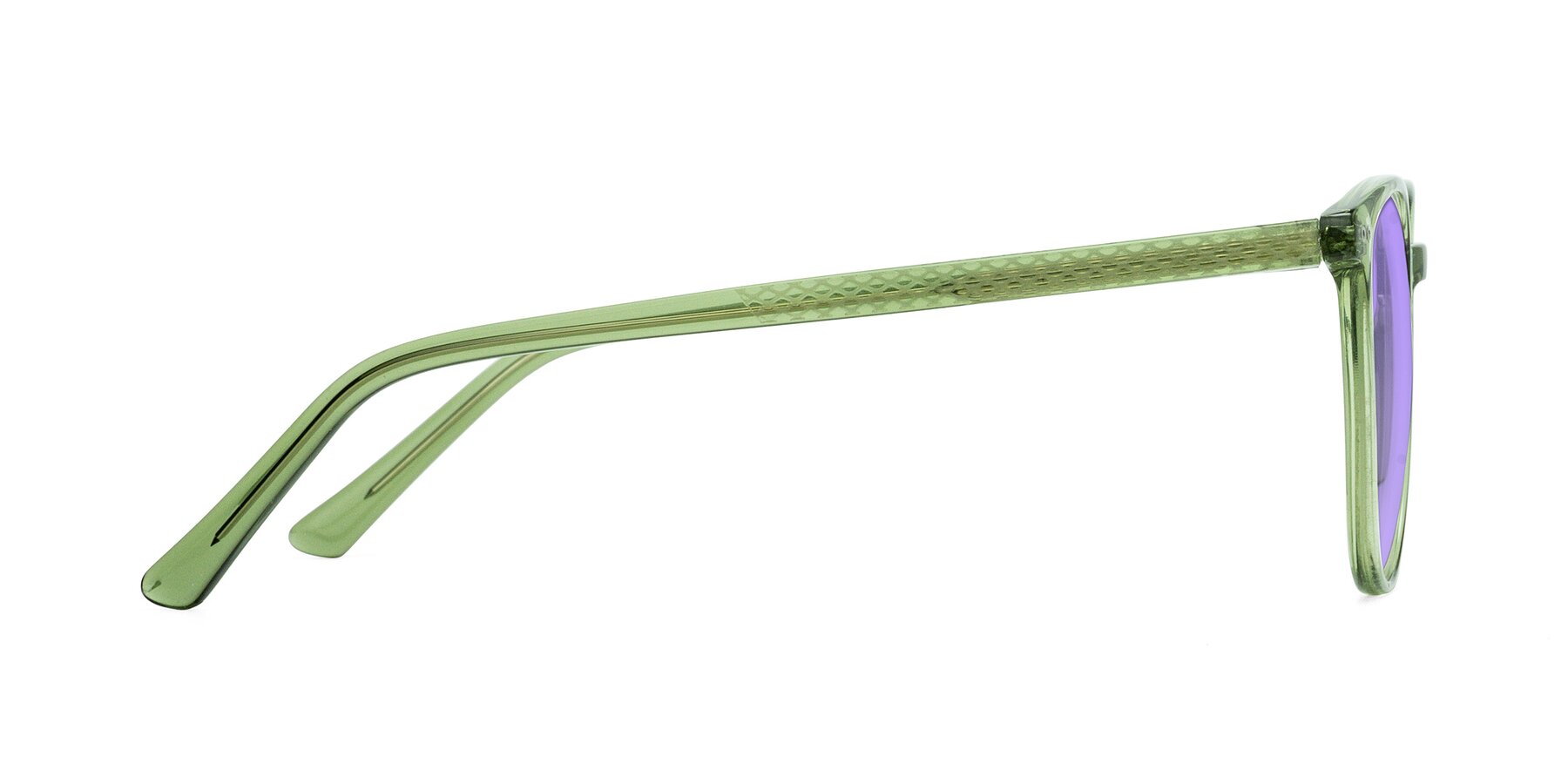 Side of Trang in Transparent Green with Medium Purple Tinted Lenses