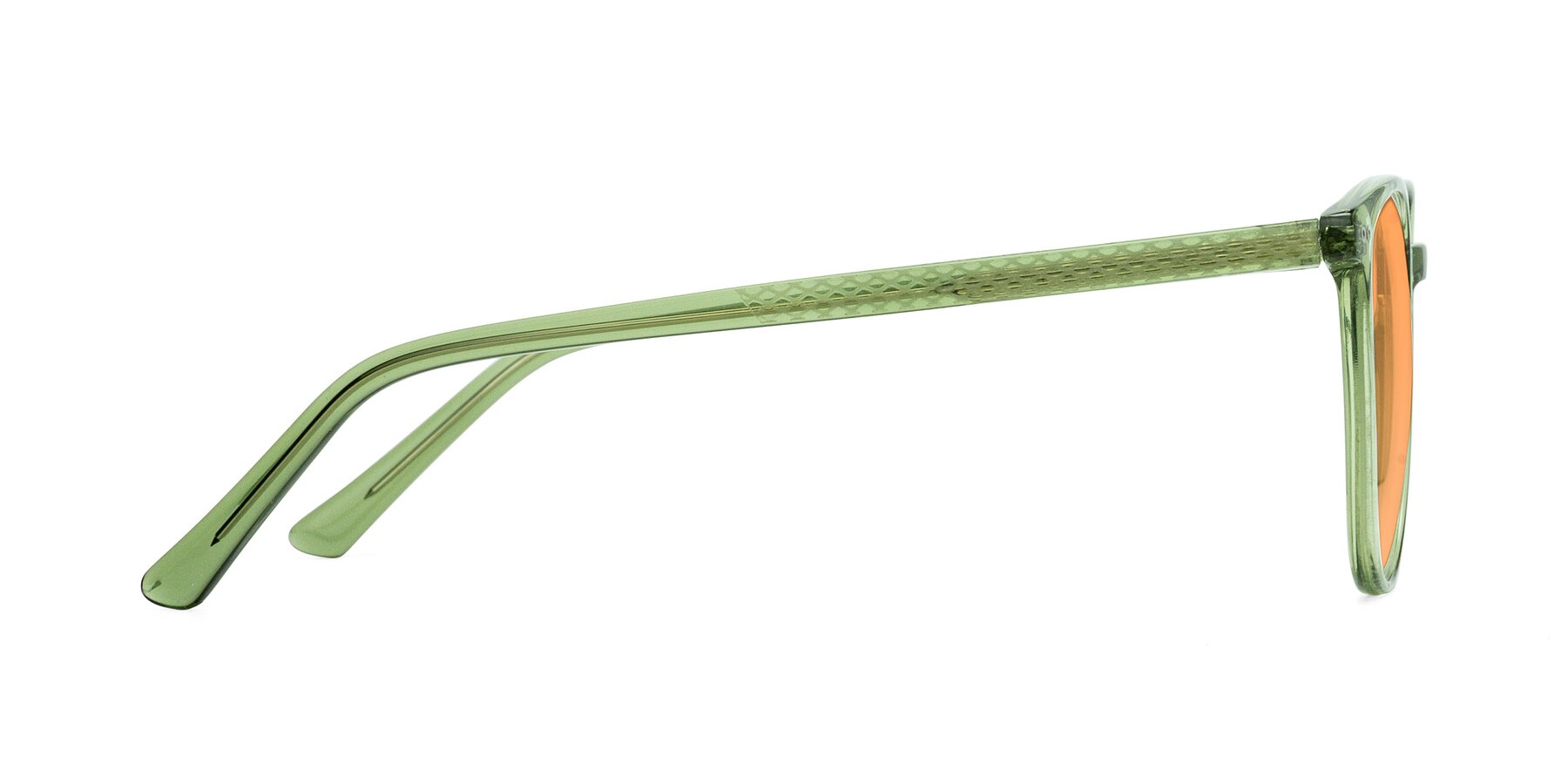 Side of Trang in Transparent Green with Medium Orange Tinted Lenses