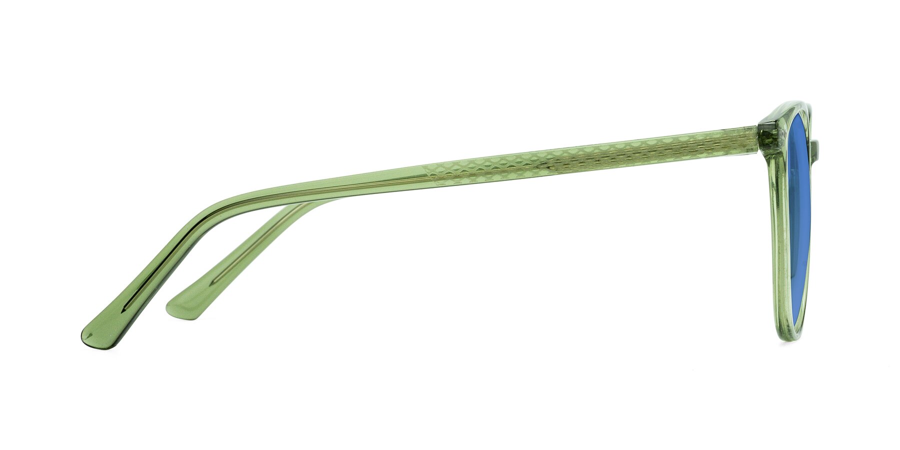 Side of Trang in Transparent Green with Blue Tinted Lenses