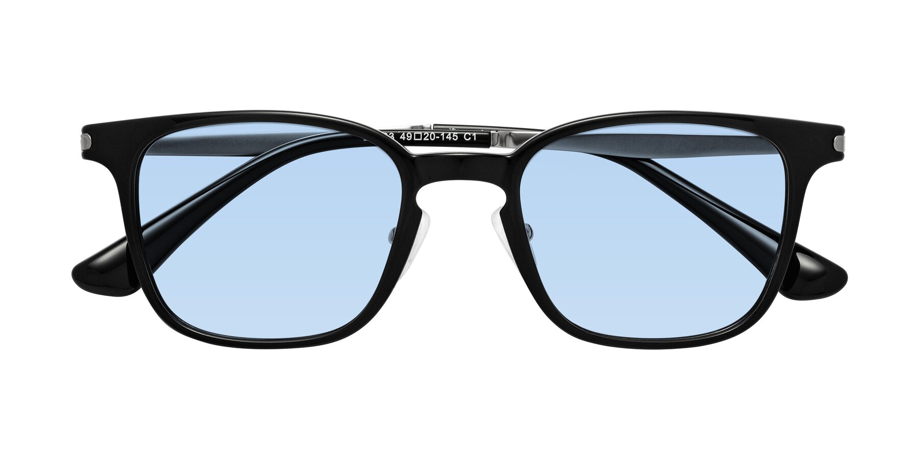 Folded Front of Tiwari in Black with Light Blue Tinted Lenses
