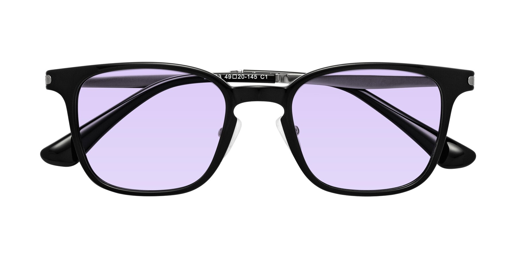 Folded Front of Tiwari in Black with Light Purple Tinted Lenses