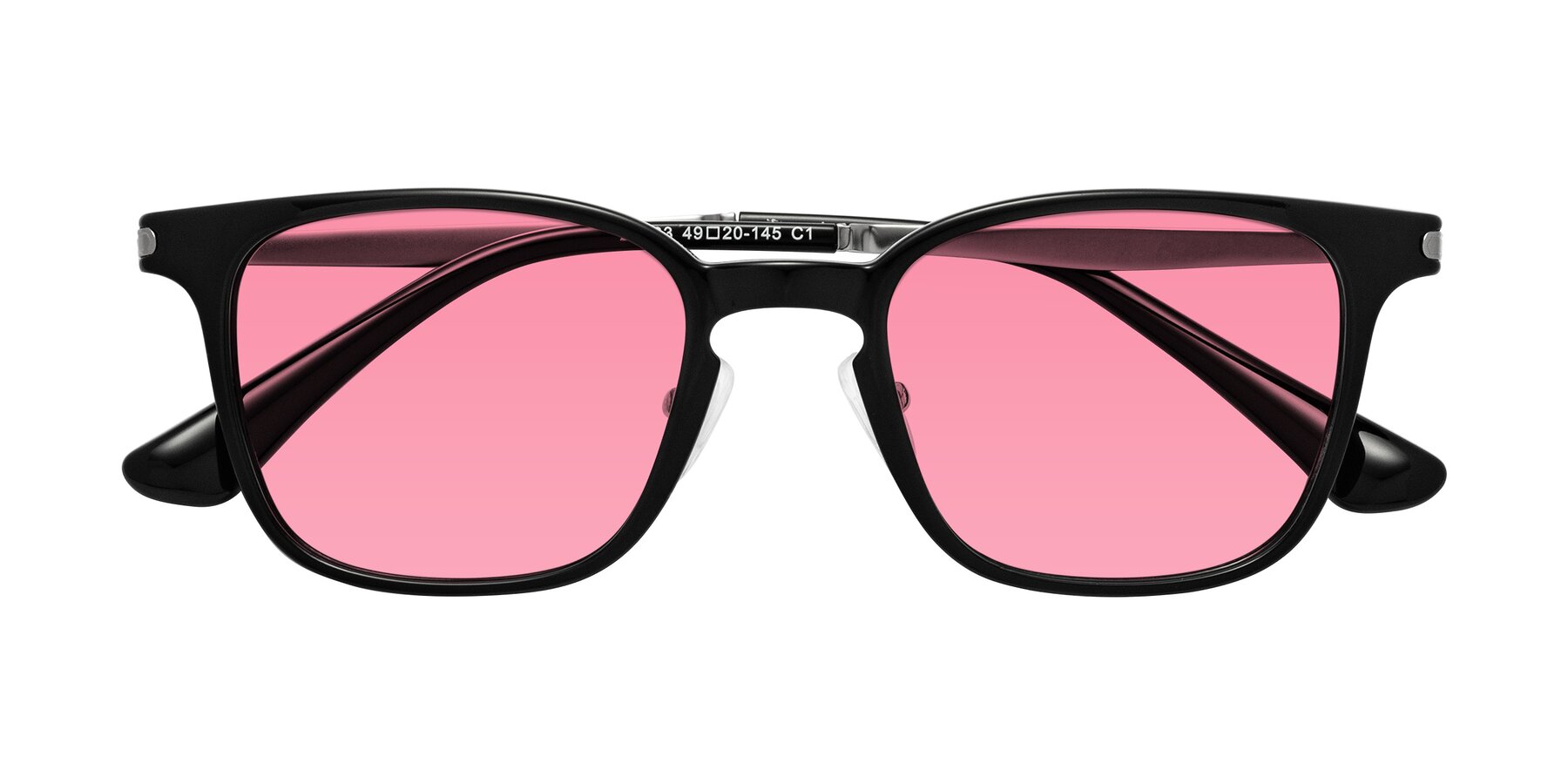 Folded Front of Tiwari in Black with Pink Tinted Lenses