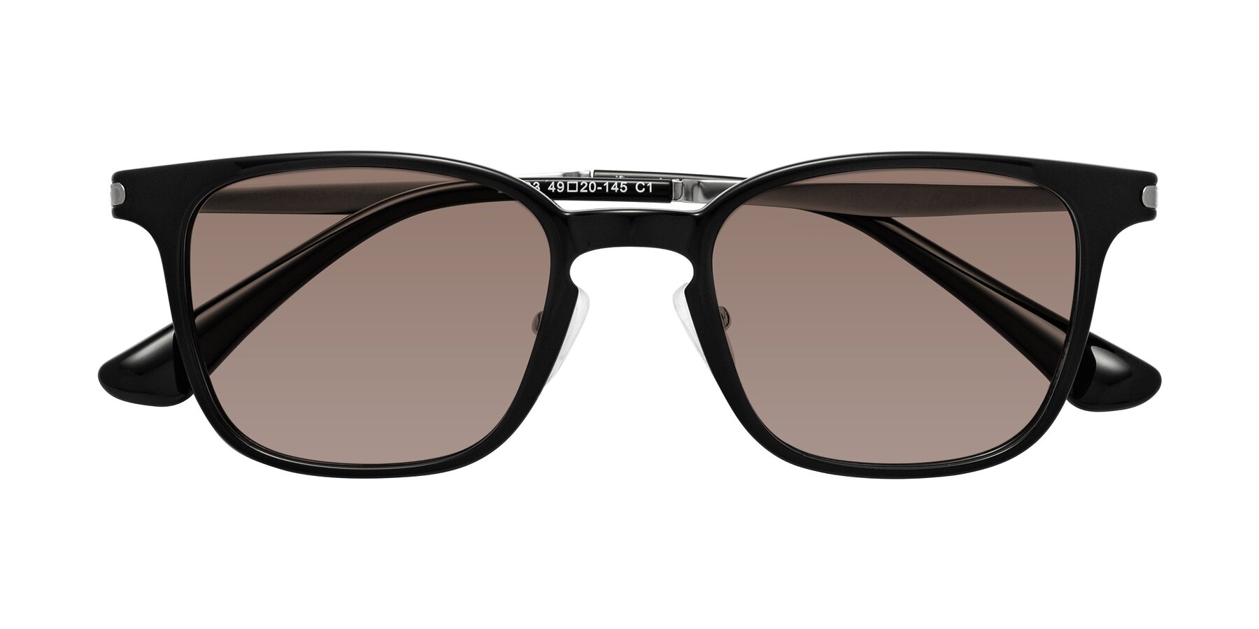 Folded Front of Tiwari in Black with Medium Brown Tinted Lenses